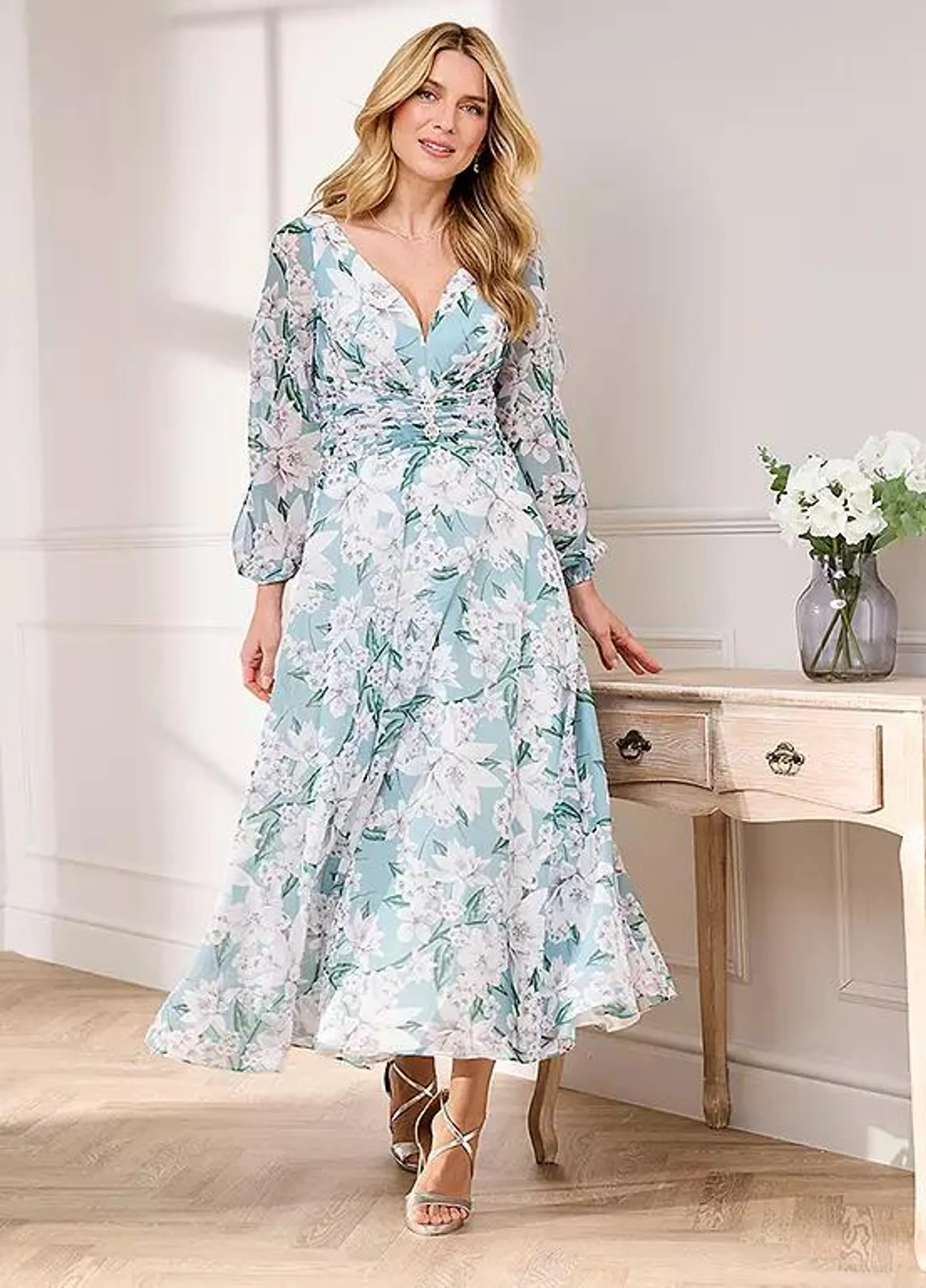 Kaleidoscope Mint Floral Print Midi Dress