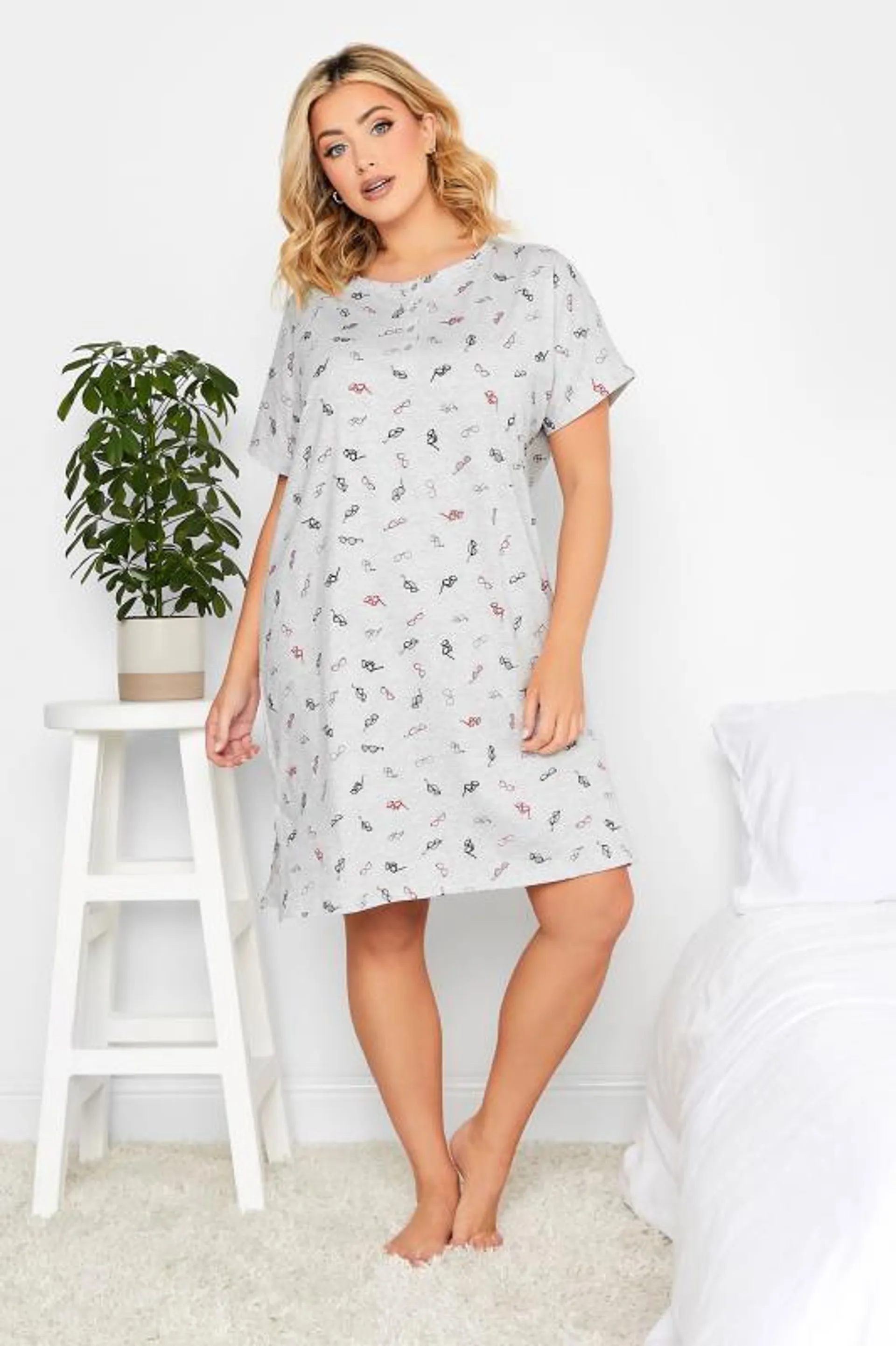 YOURS Curve Grey Sunglasses Print Placket Nightdress