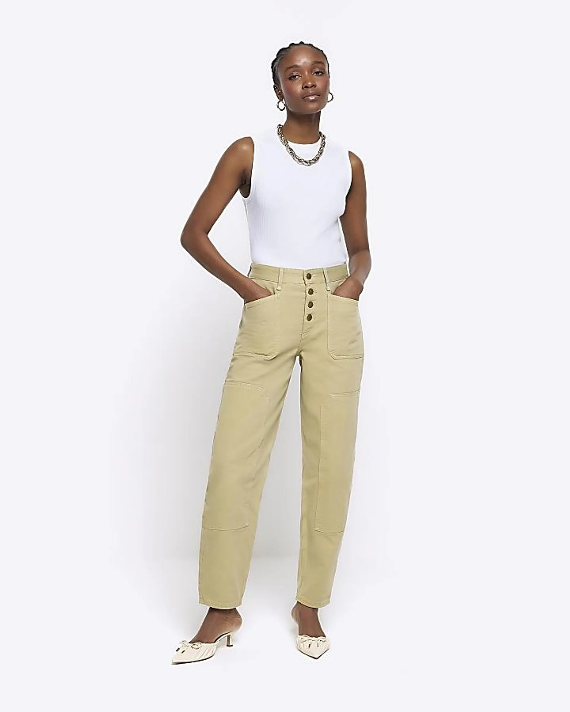 Khaki high waisted tapered jeans