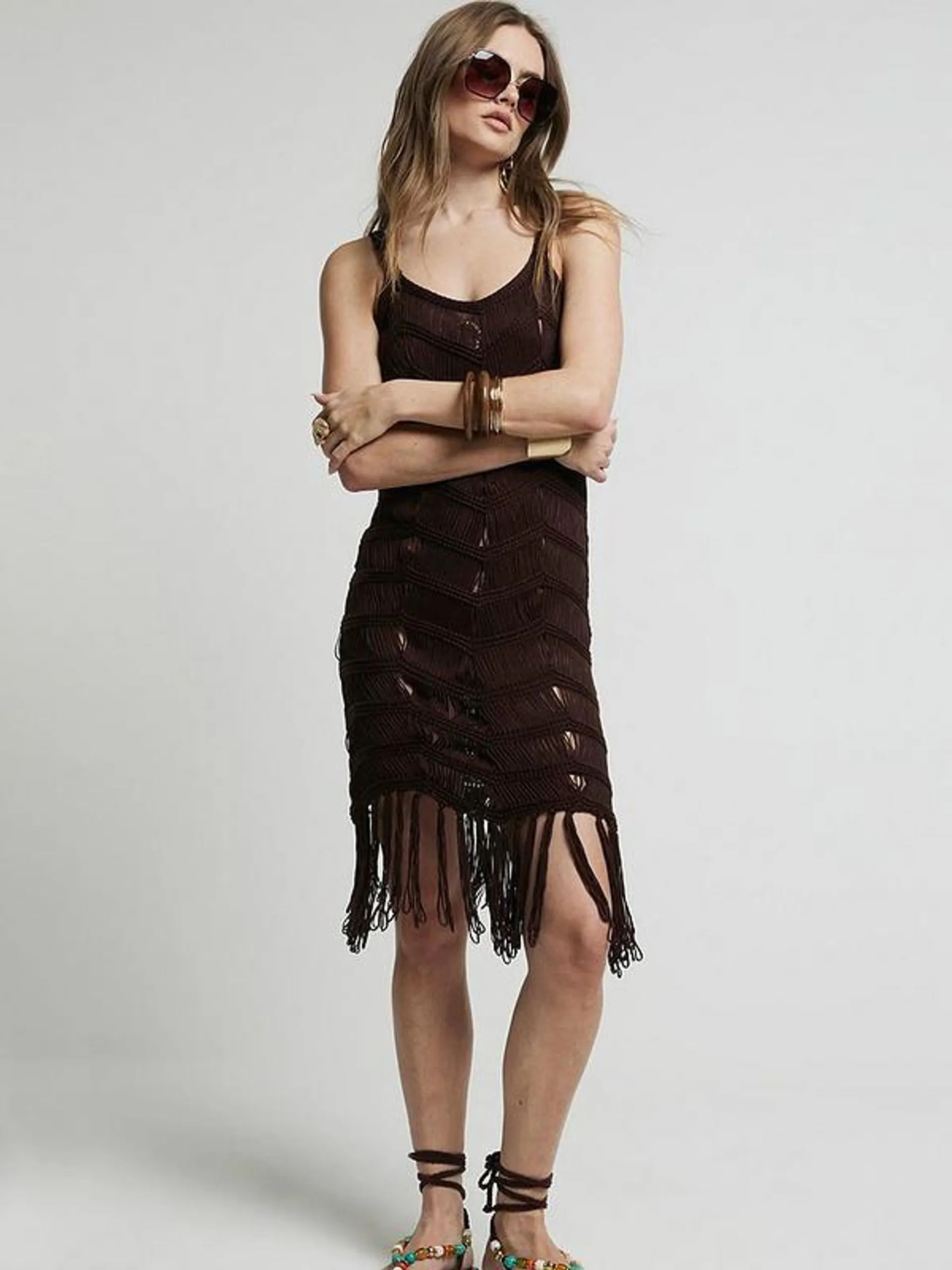 Fringe Detail Dress - Brown