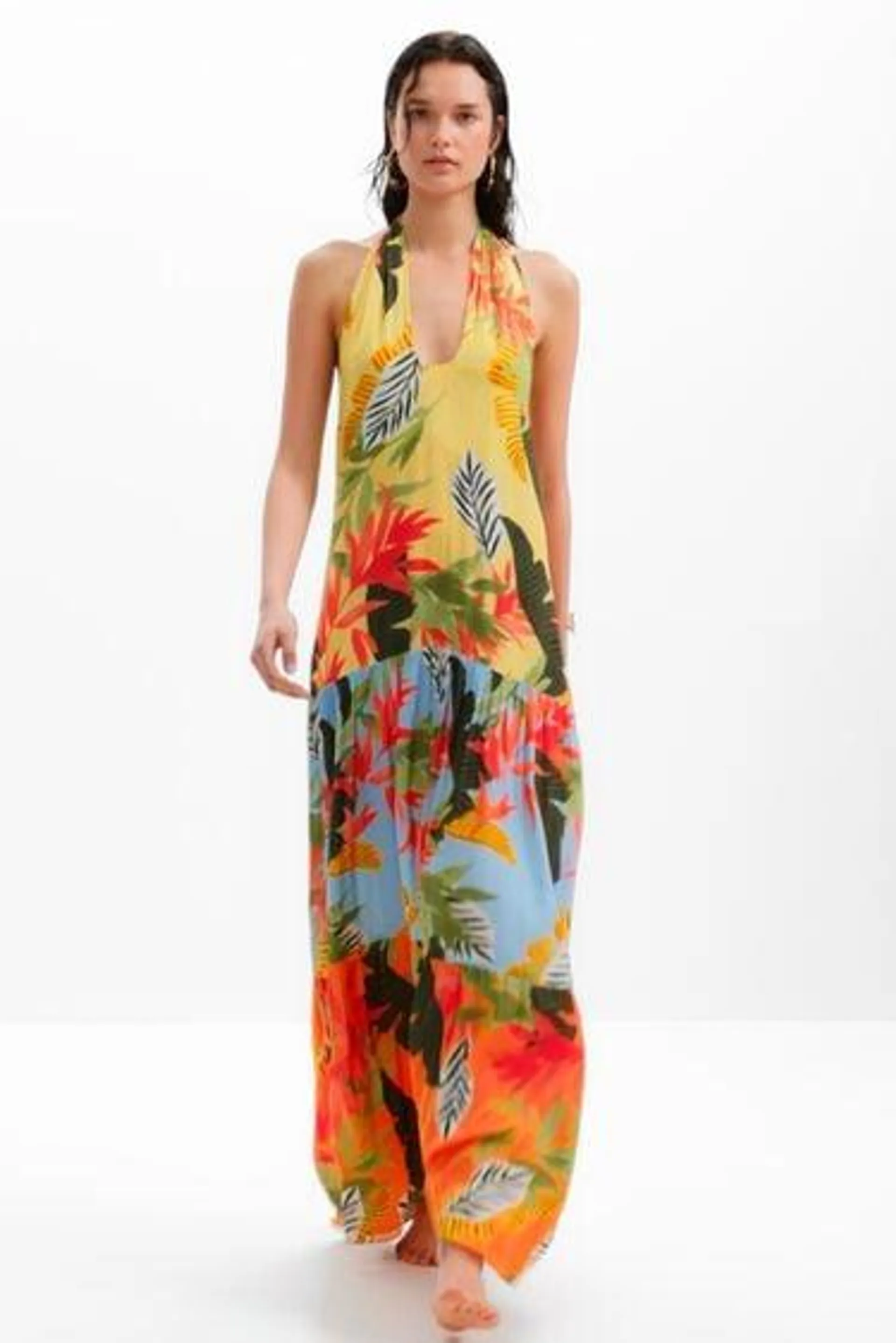 Tropical halter neck maxi dress