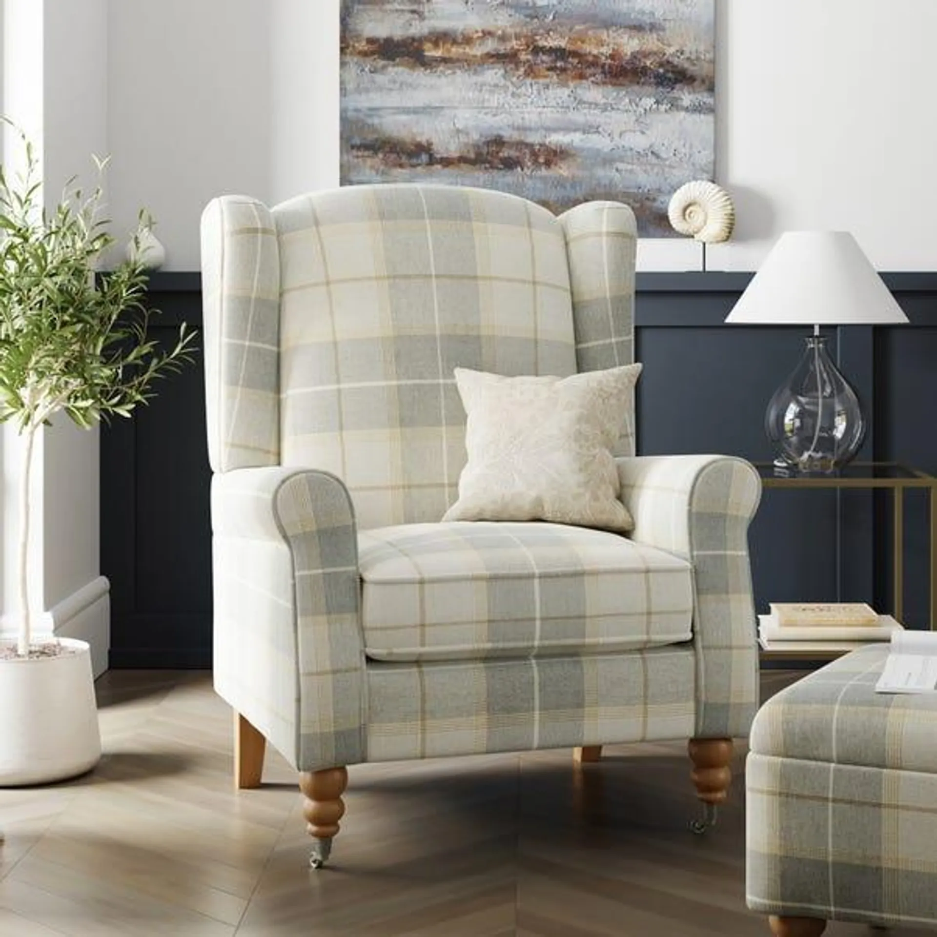 Oswald Grande Check Wingback Armchair