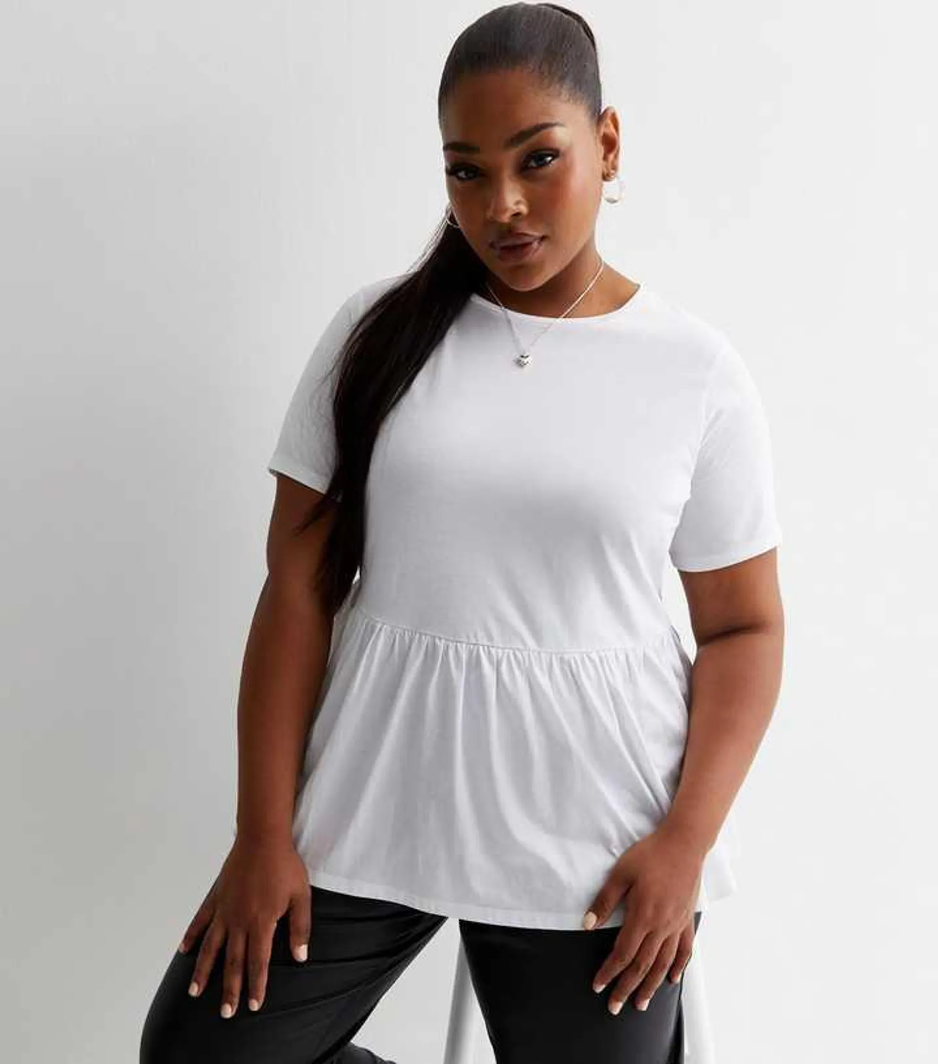 Curves White Cotton Short Sleeve Peplum Top