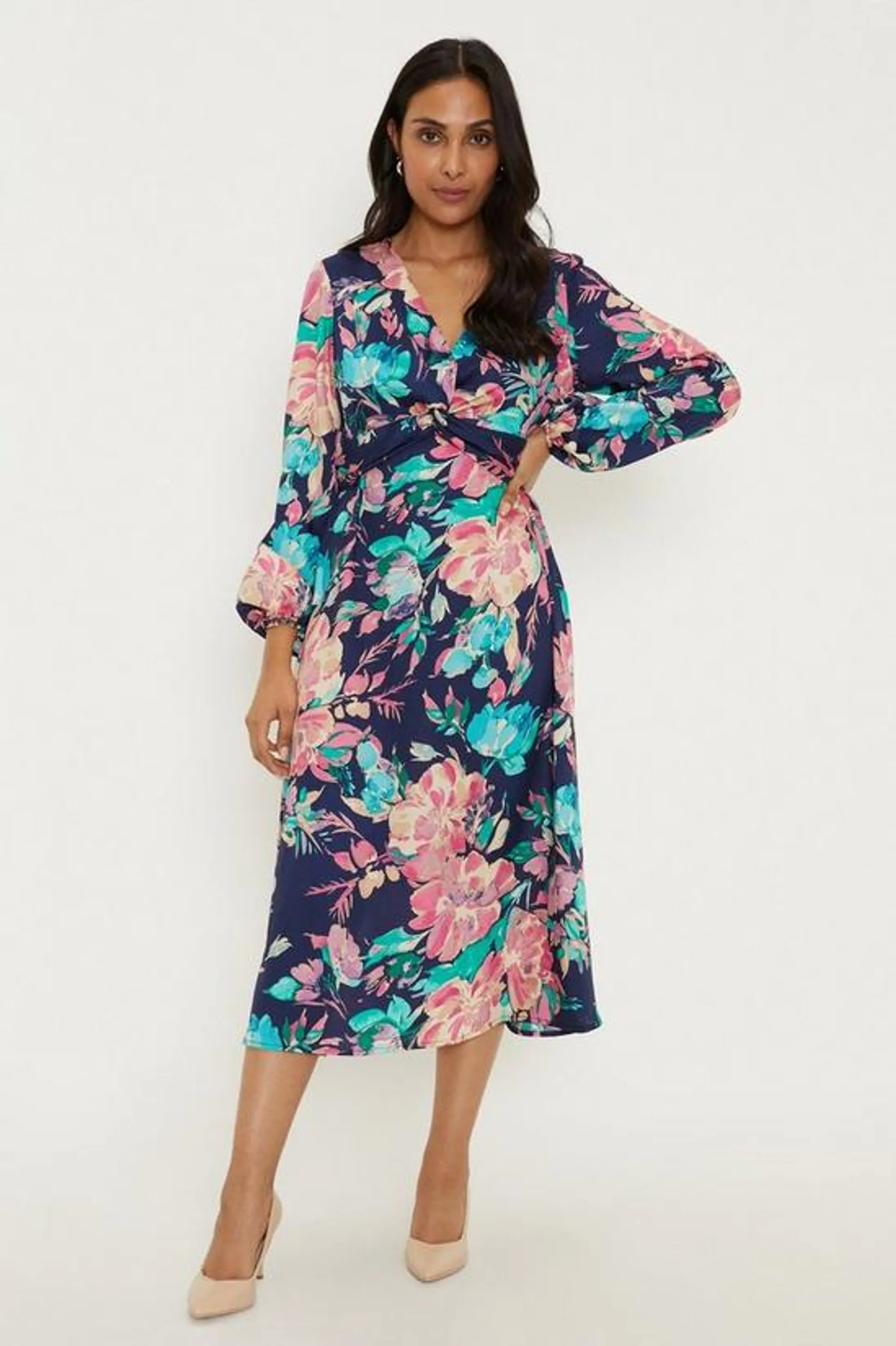 Petite Floral Twist Balloon Sleeve Midi Dress