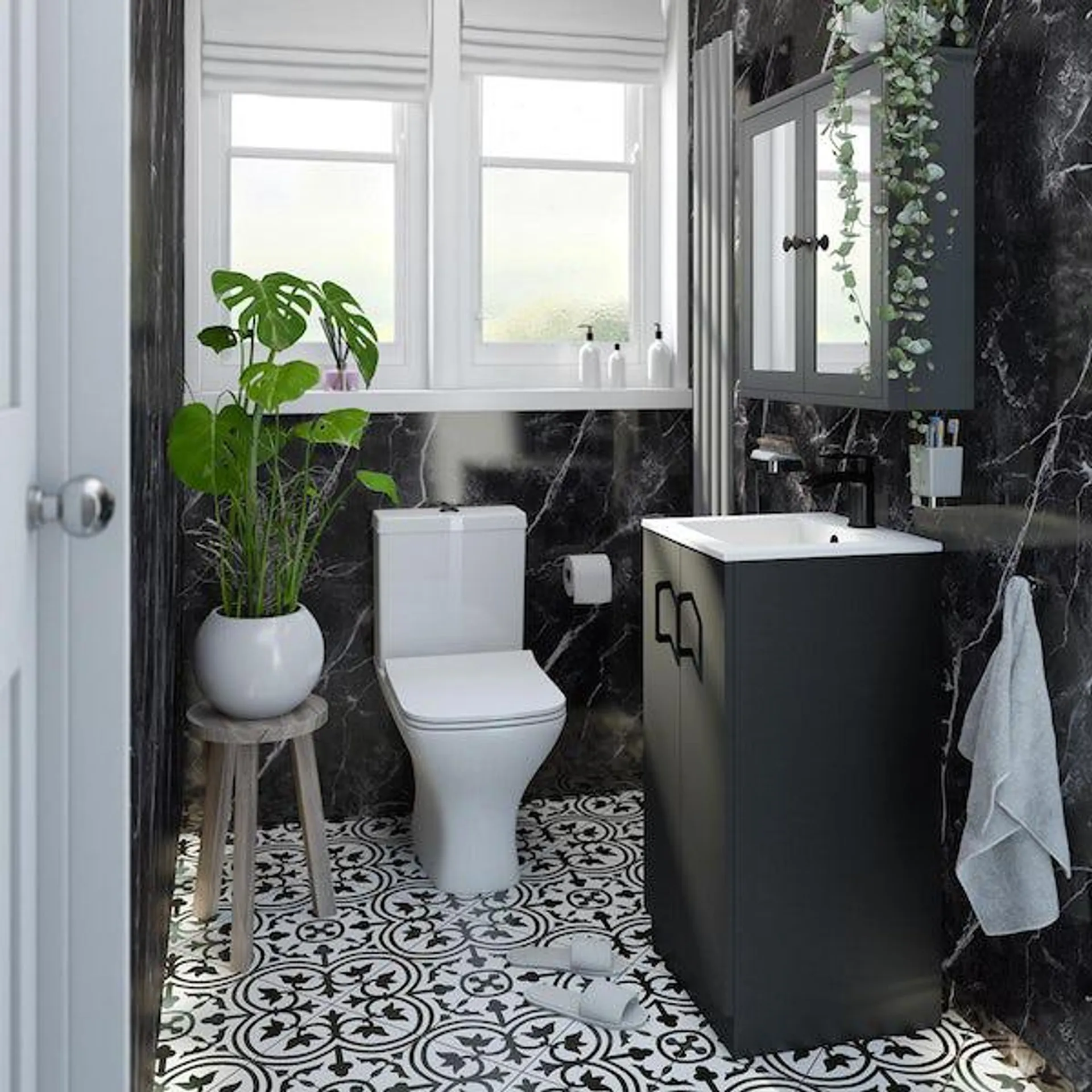 Orchard Lea soft black floorstanding vanity unit with black handle 420mm and Derwent square close coupled toilet suite