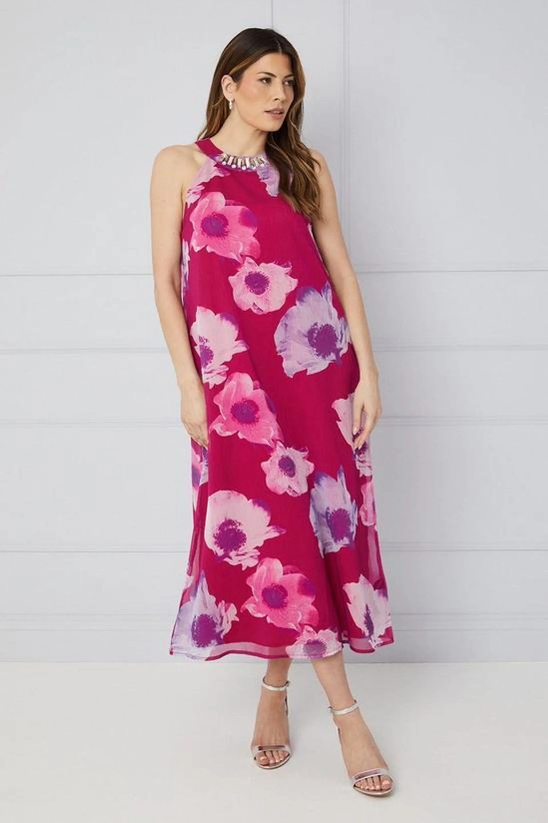 Floral Embellished Halterneck Swing Dress