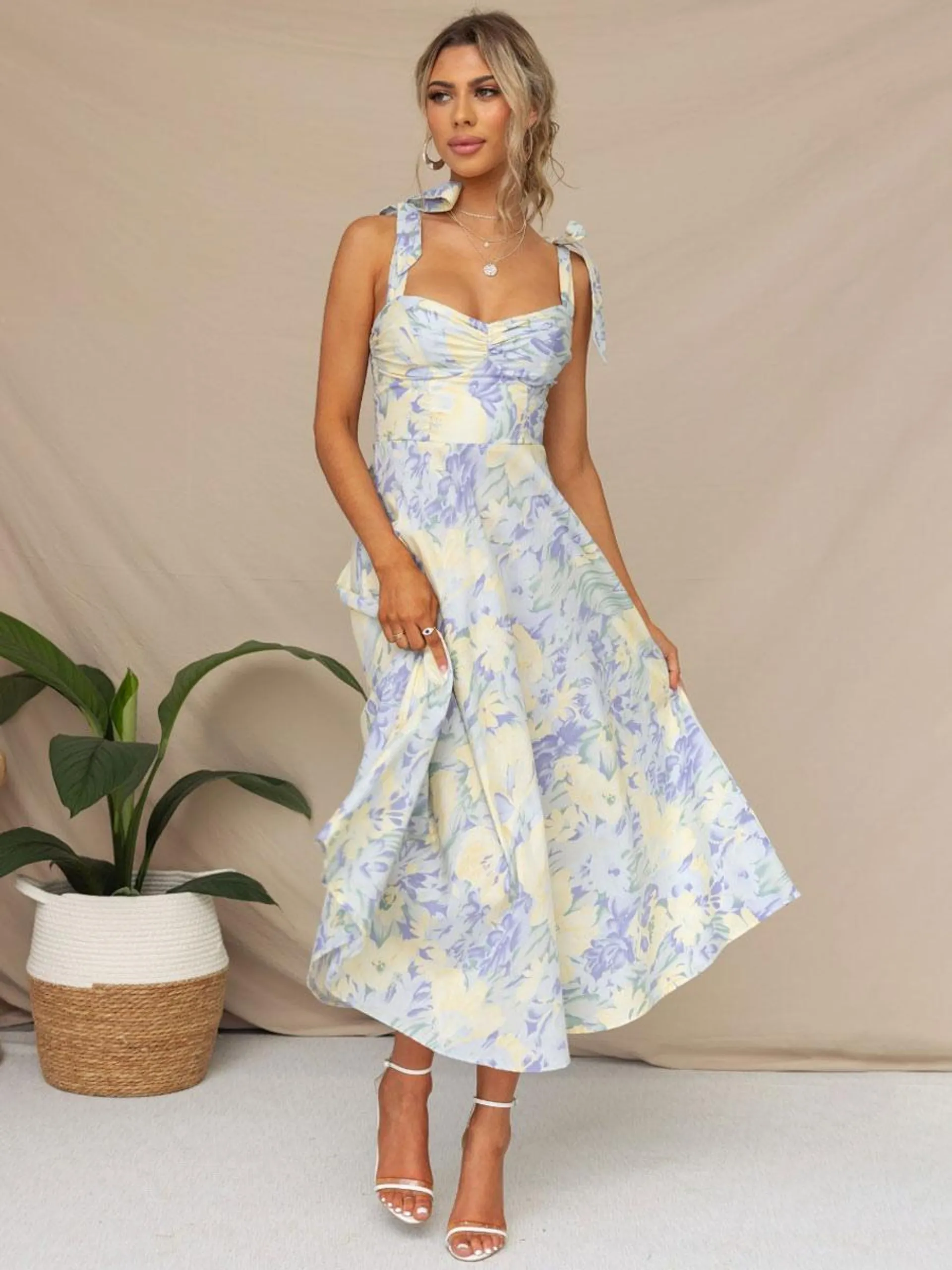 Print Dresses Midi Dress Floral Print Sleeveless Sweetheart Neck Casual Lace Up Backless Summer Dresses