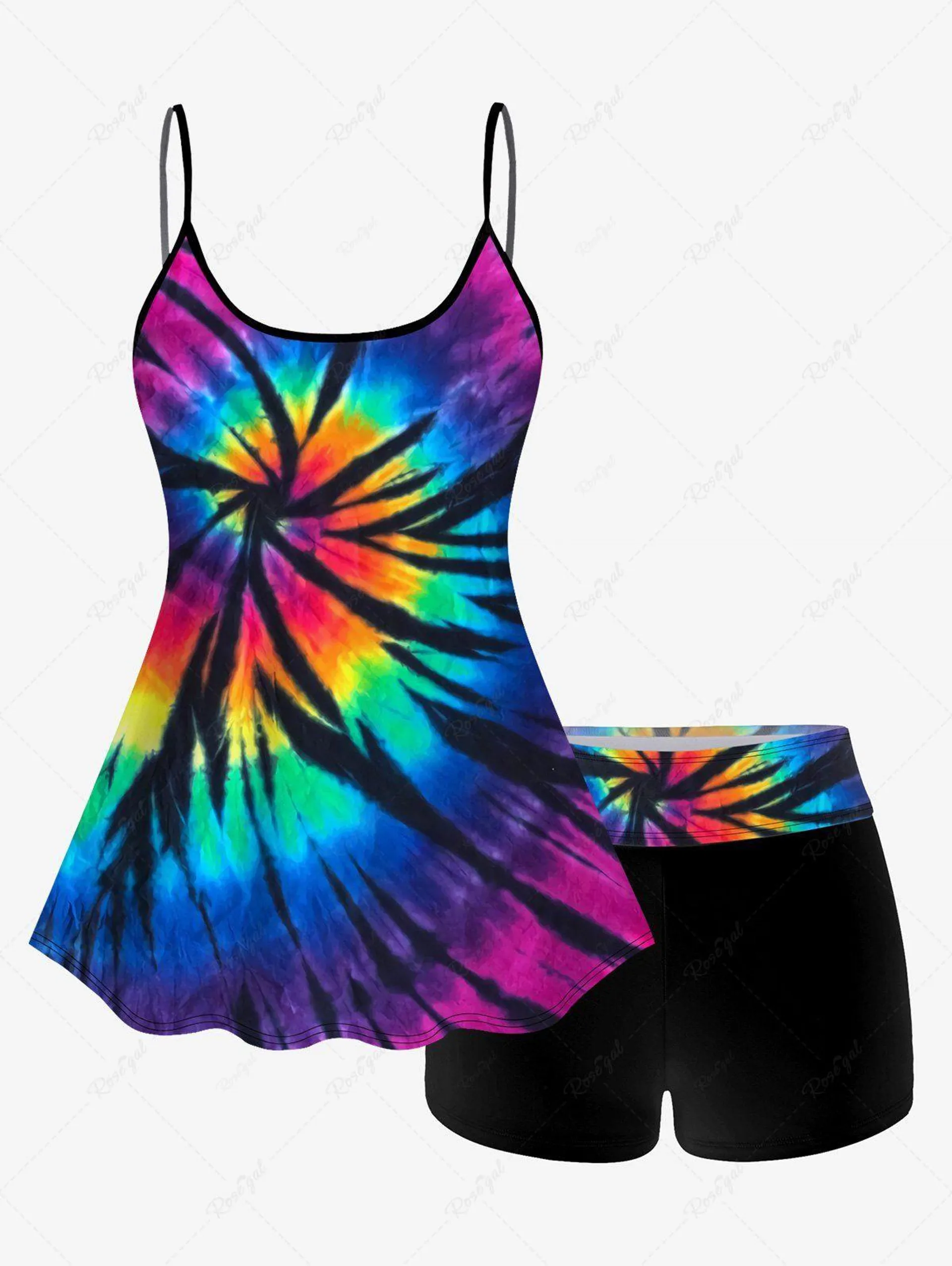 Tie Dye Print Padded Boyleg Tankini Swimsuit (Adjustable Shoulder Strap) - M