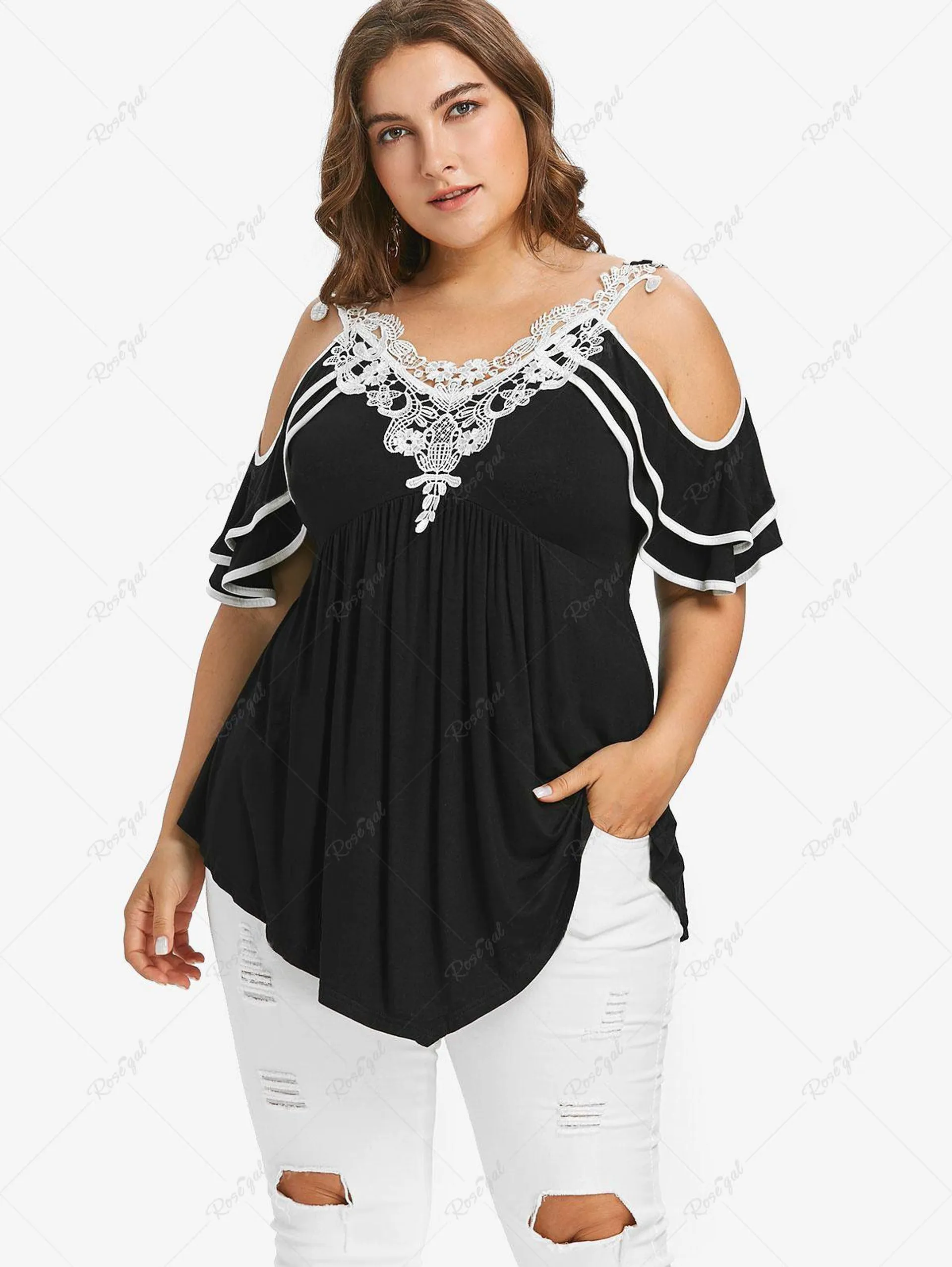 Plus Size Floral Lace Panel Layered Cold Shoulder T-shirt - 3x | Us 22-24