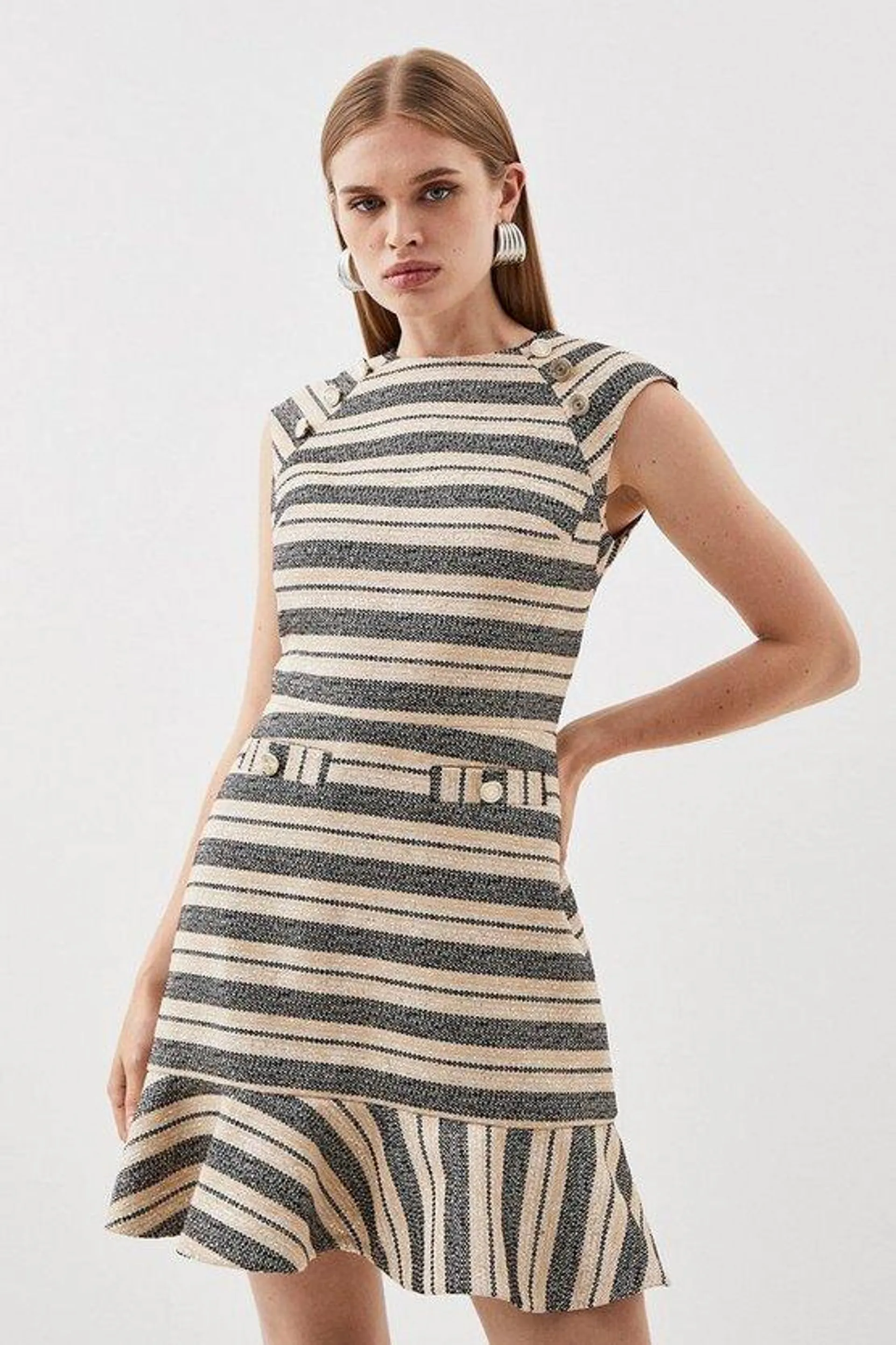 Tailored Striped Tweed Button Detail Cap Sleeve Mini Dress