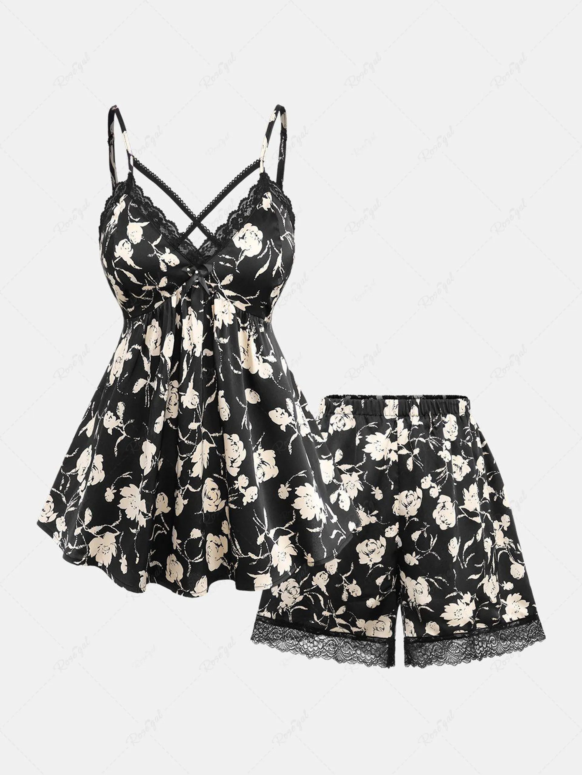 Plus Size Rose Flower Print Lace Trim Crisscross Ruched Bowknot Camisole Set(Adjustable Shoulder Strap) - 3x | Us 22-24