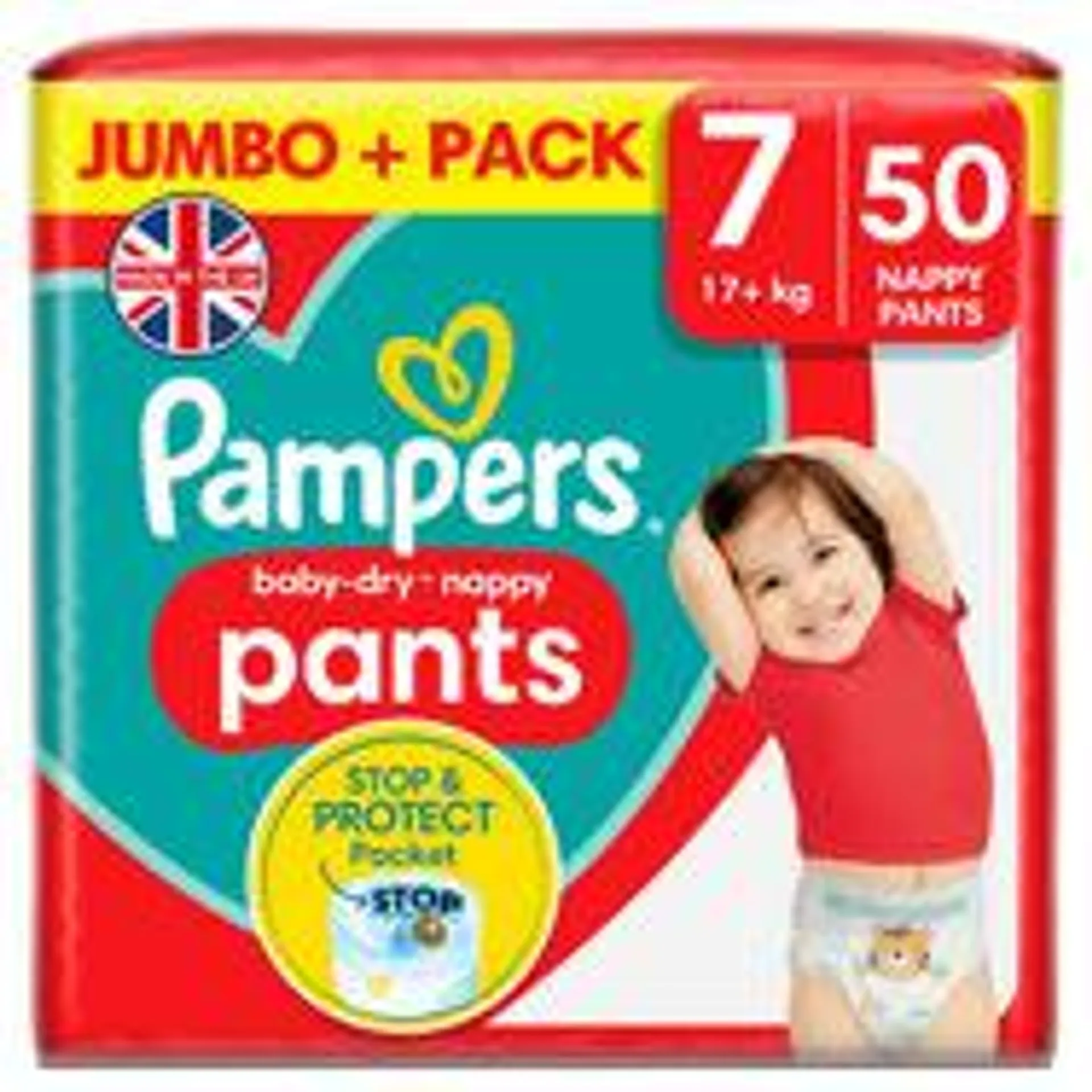 Pampers Baby-Dry Nappy Pants Size 7, 50 Nappies, 17kg+, Jumbo+ Pack