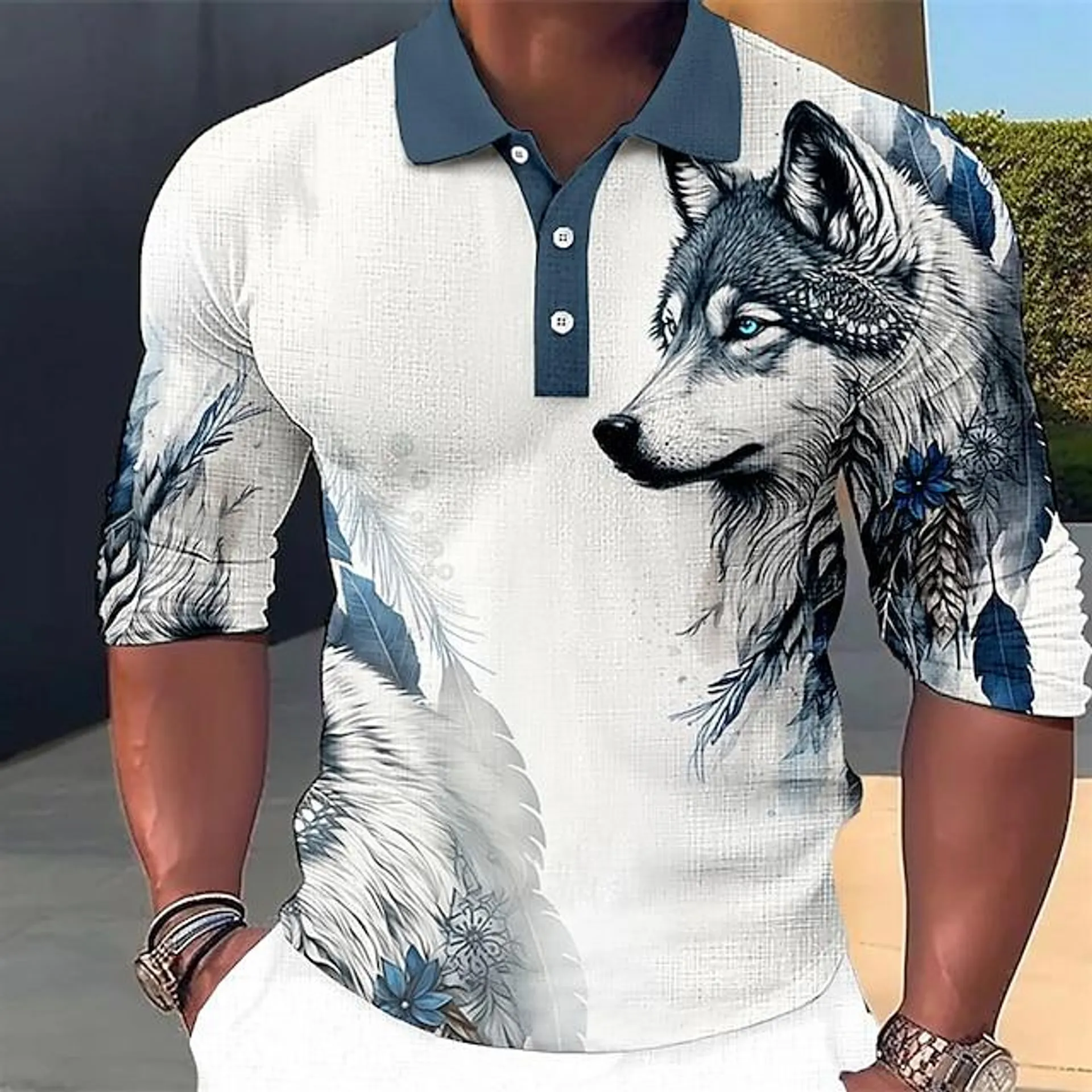 Men's Polo Shirt Golf Shirt Animal Wolf Graphic Prints Turndown Blue-Green Red Blue Purple Brown Outdoor Street Long Sleeve Print Clothing Apparel Fashion Streetwear Designer Soft