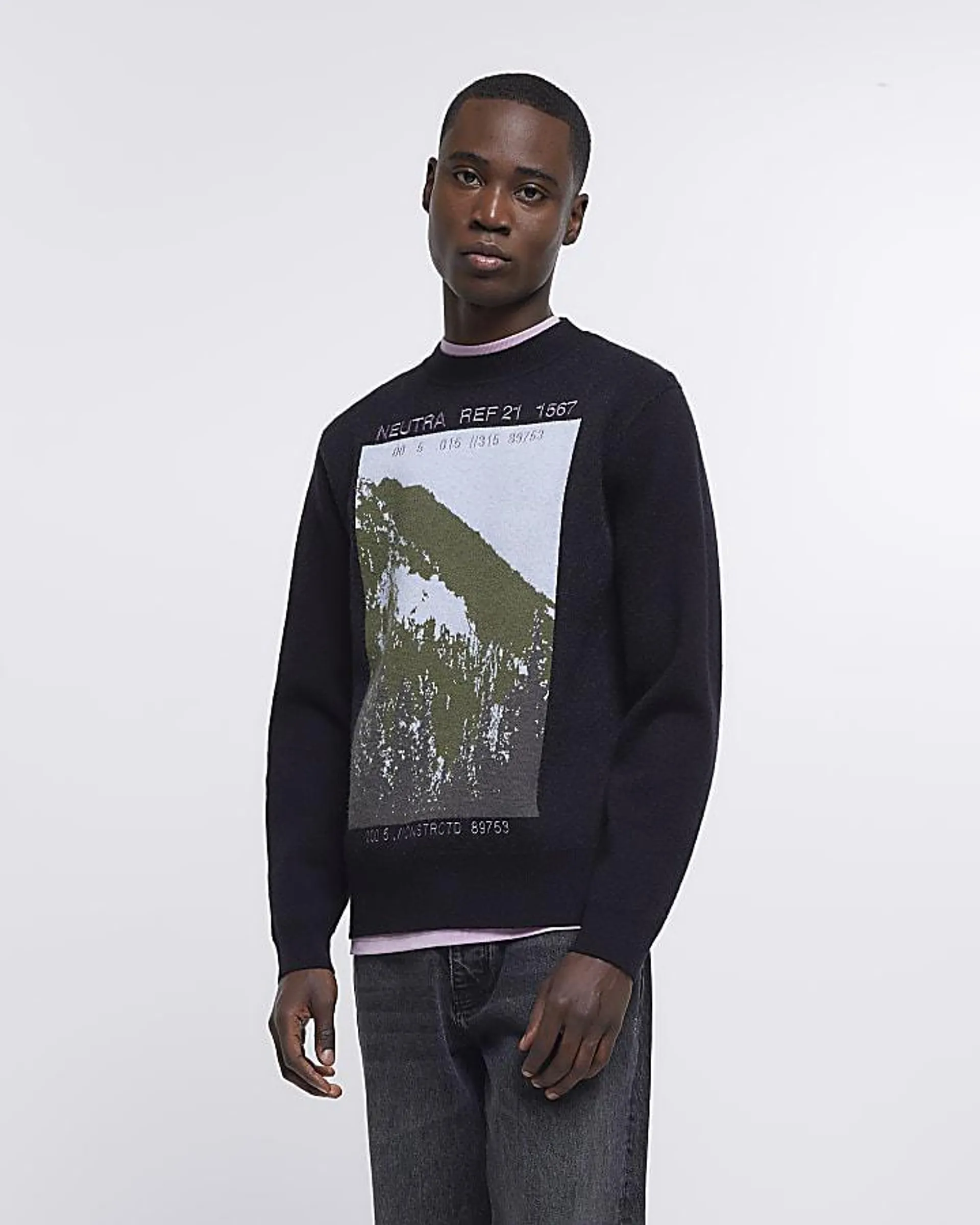 Black regular fit landscape print jumper