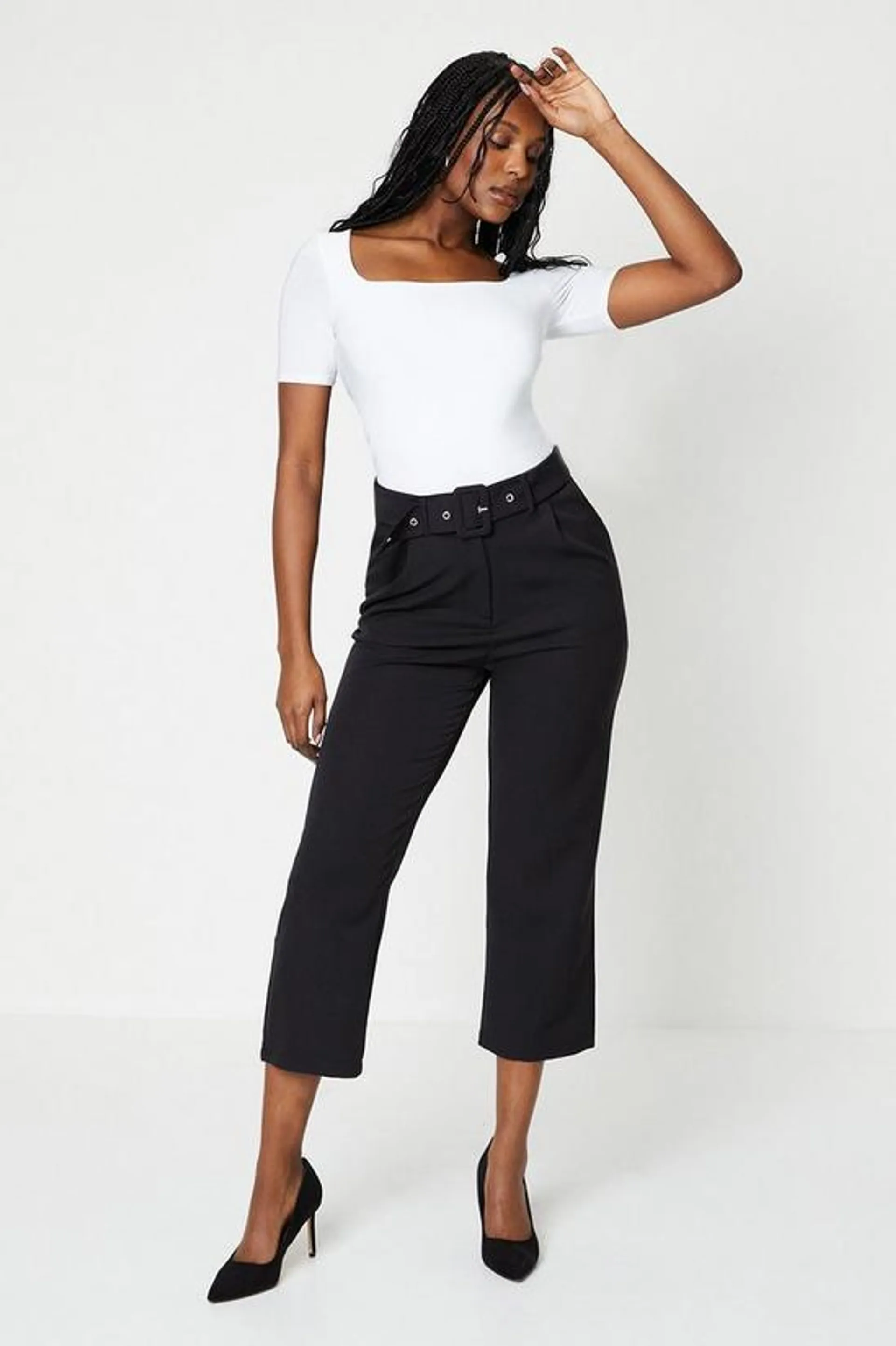 Self Covered Belt Straight Leg Trouser