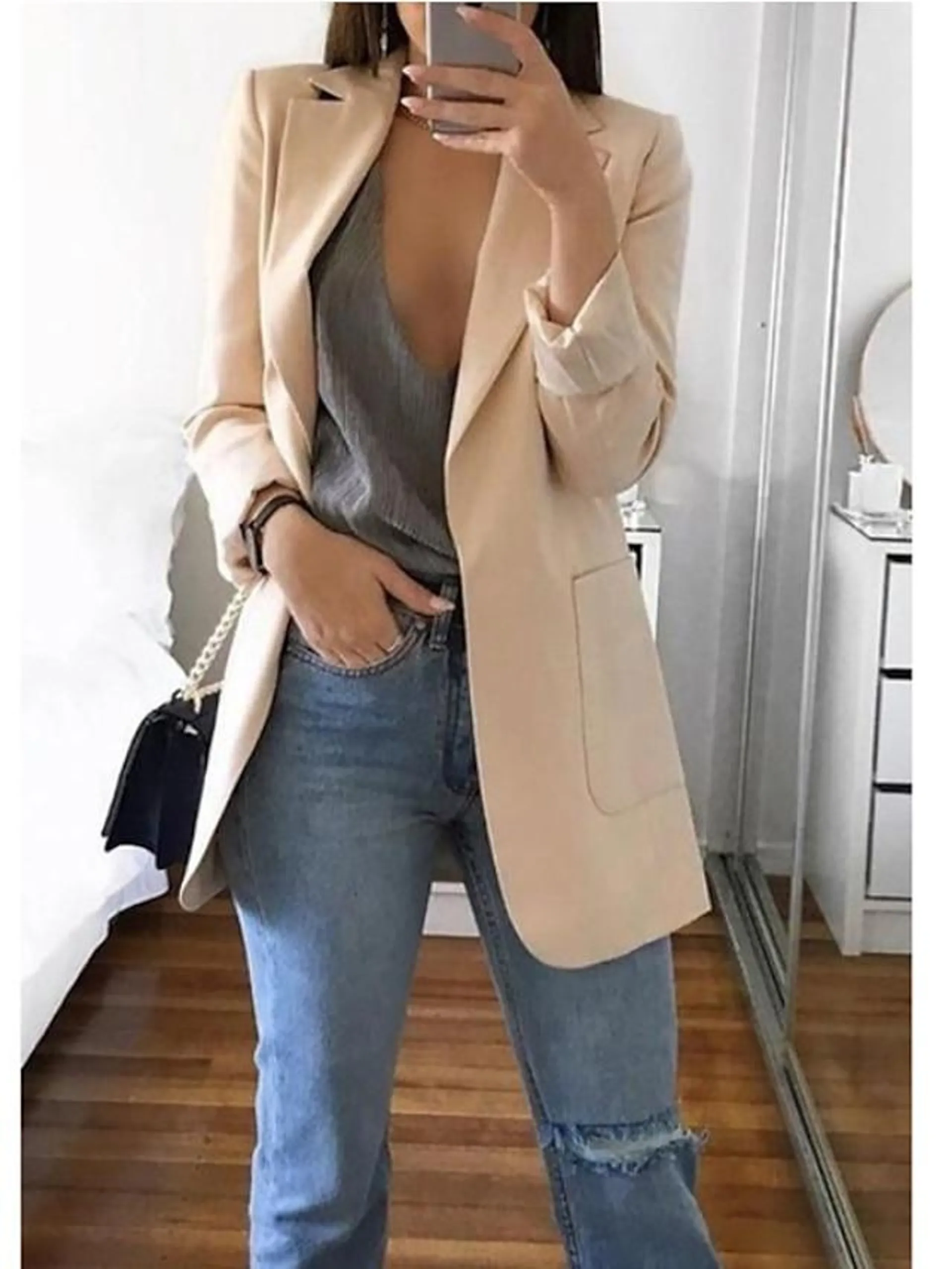 Women's Blazer Casual Jacket Fashion Casual Pocket Formal Outdoor Daily Wear Polyester Coat Spring Wine Green Black Open Front V Neck Regular Fit S M L XL XXL 3XL / Solid Color