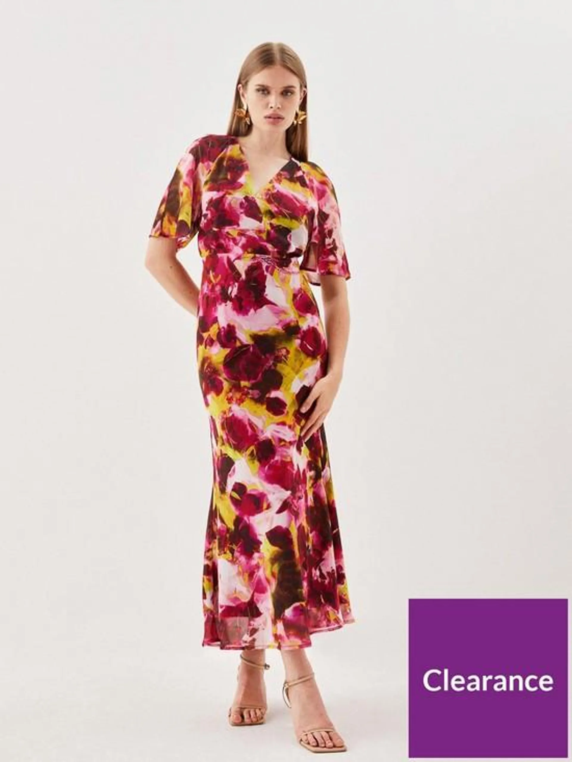 Abstract Printed Pleated Wide Sleeve Maxi Dress - Multi