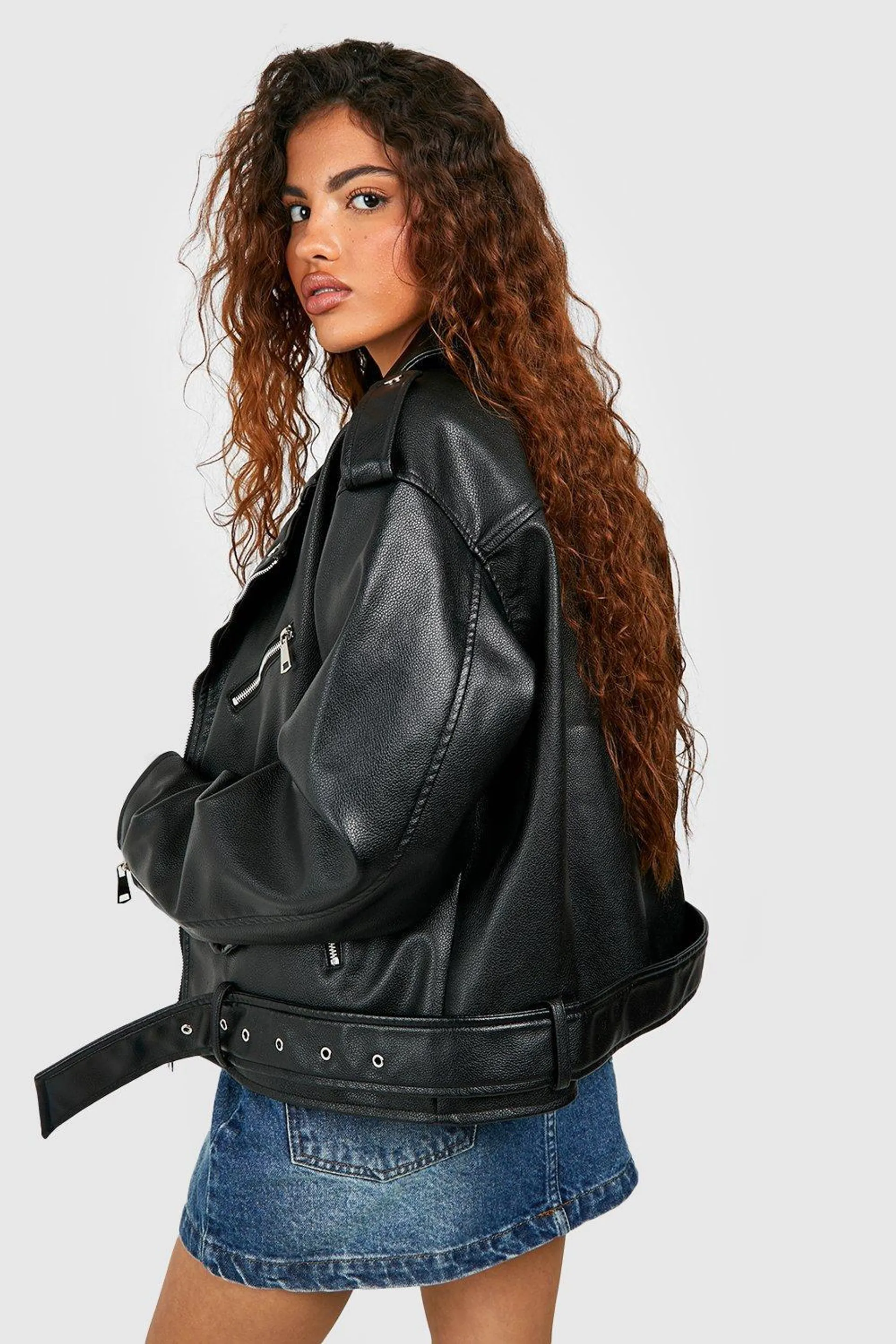 Petite Faux Leather Oversized Biker Jacket
