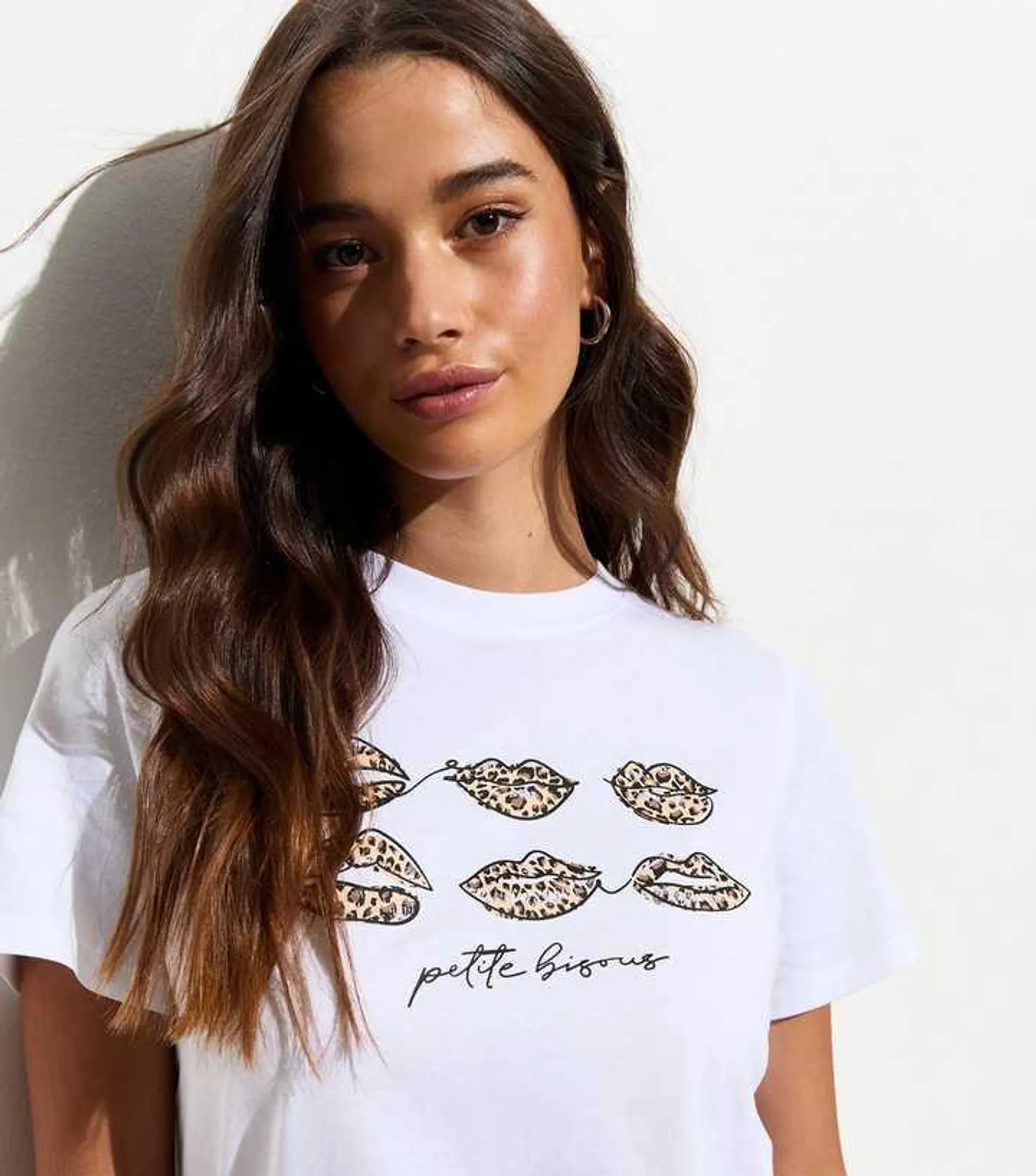 White Petite Bisous Leopard Print Cotton T-Shirt