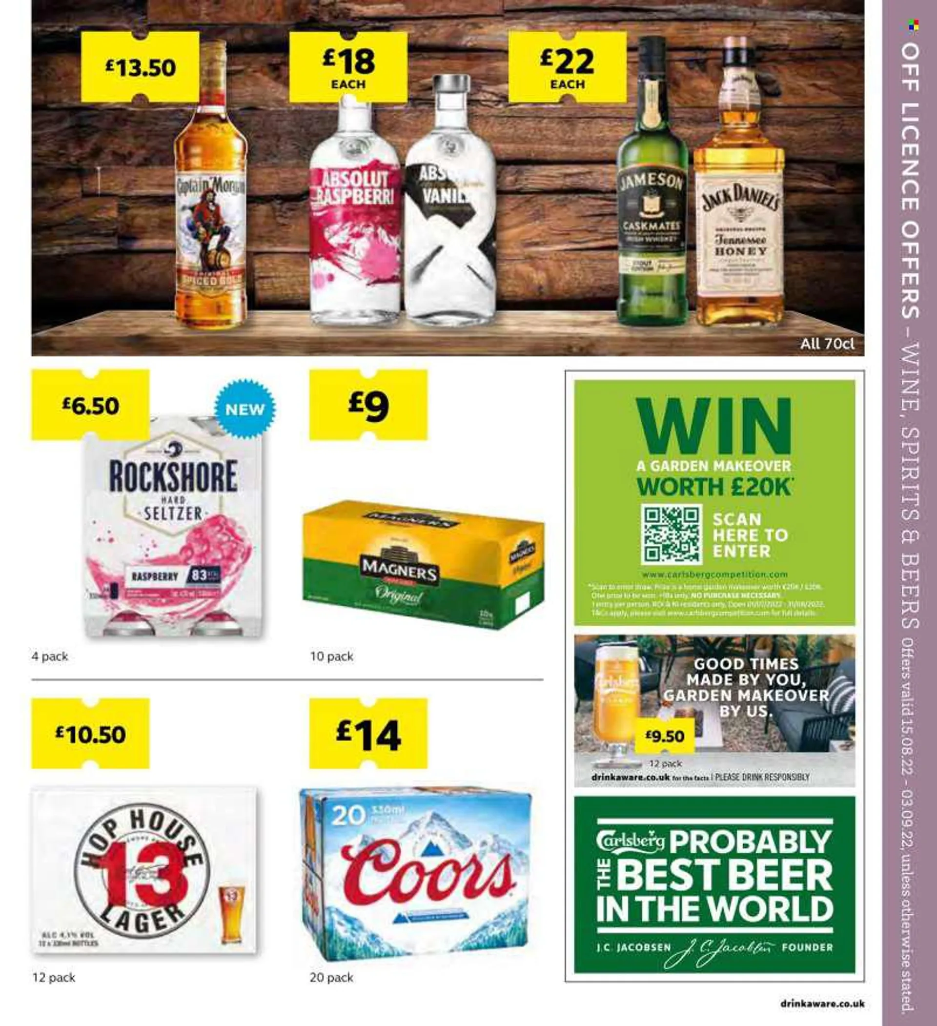 SuperValu offer  - 15.8.2022 - 3.9.2022 - Sales products - Coors, beer, Carlsberg, Rockshore, Jack Daniels, honey, wine, whiskey, Jameson, Absolut, hard seltzer, whisky. Page 11.