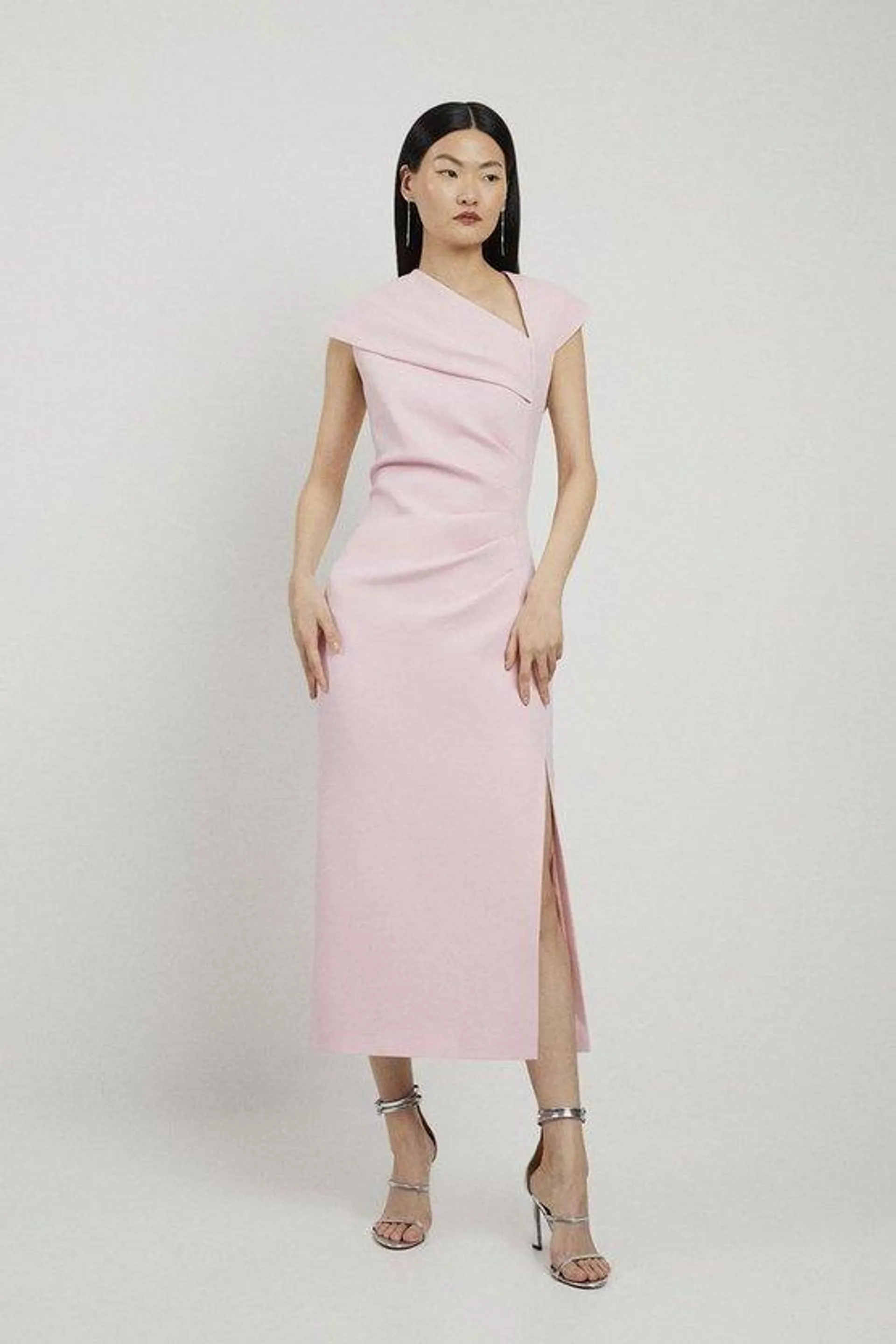 Structured Crepe Asymmetric Neck Midi Dress