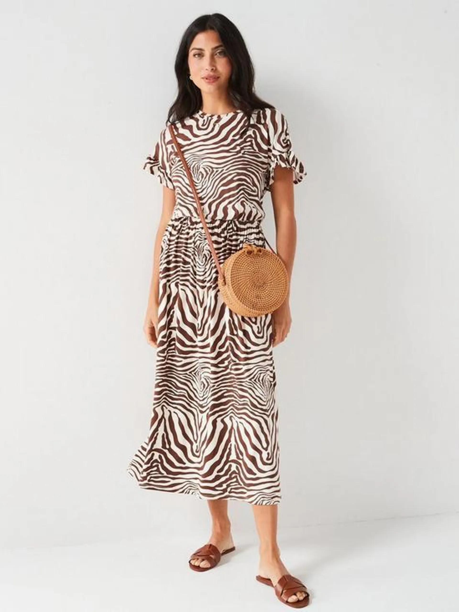 Ruffle Sleeve Animal Print Midaxi Dress- White/Brown