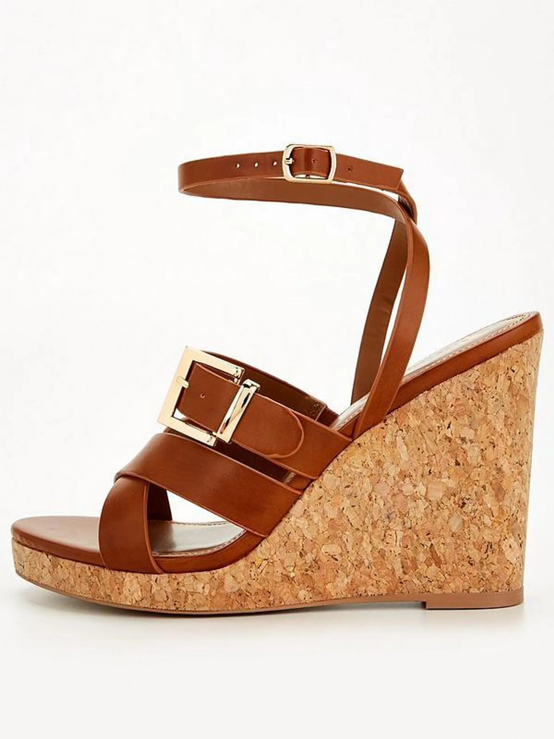 Buckle Strappy Wedge Sandal - Brown