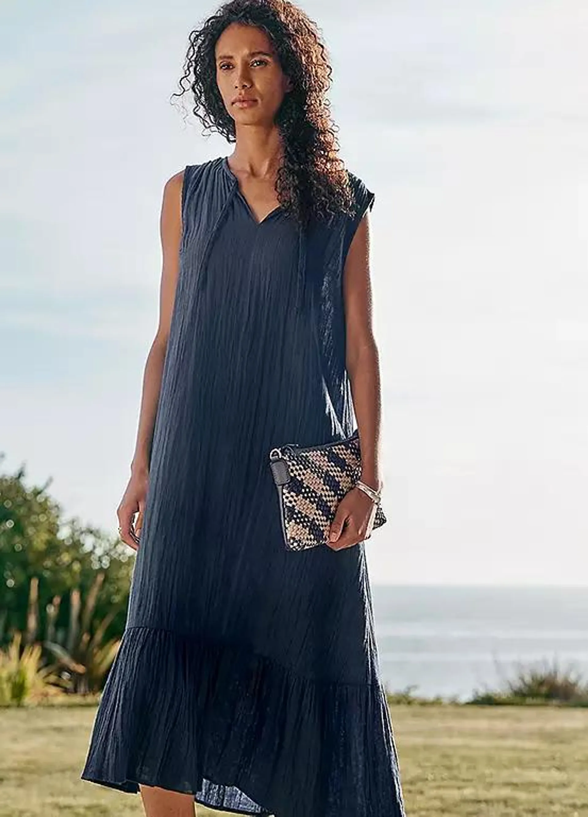 Seasalt Cornwall Navy Teaspoon Bay Sleeveless Tiered Midi Dress