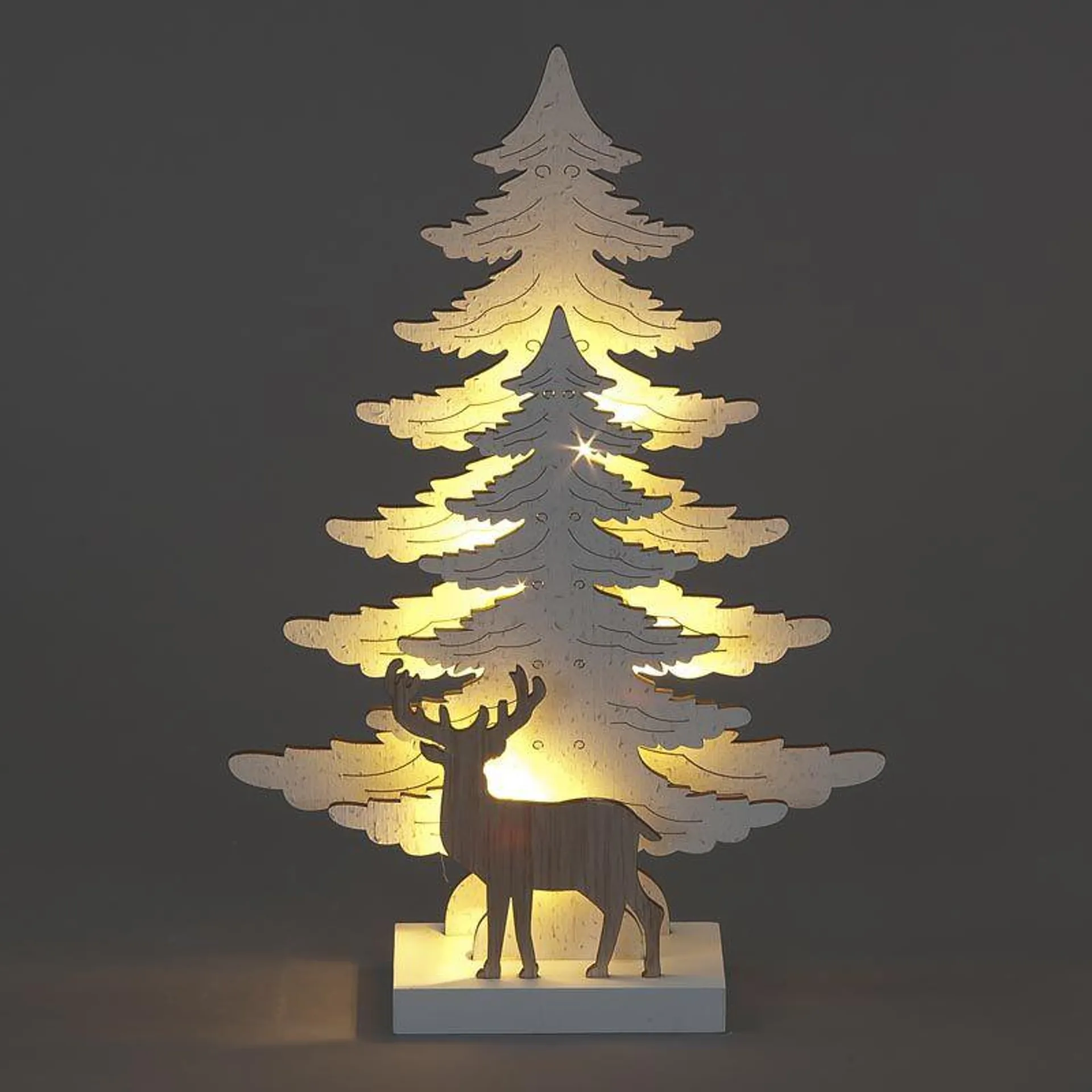 Battery Operated 25cm White Wood Christmas Tree with Deer