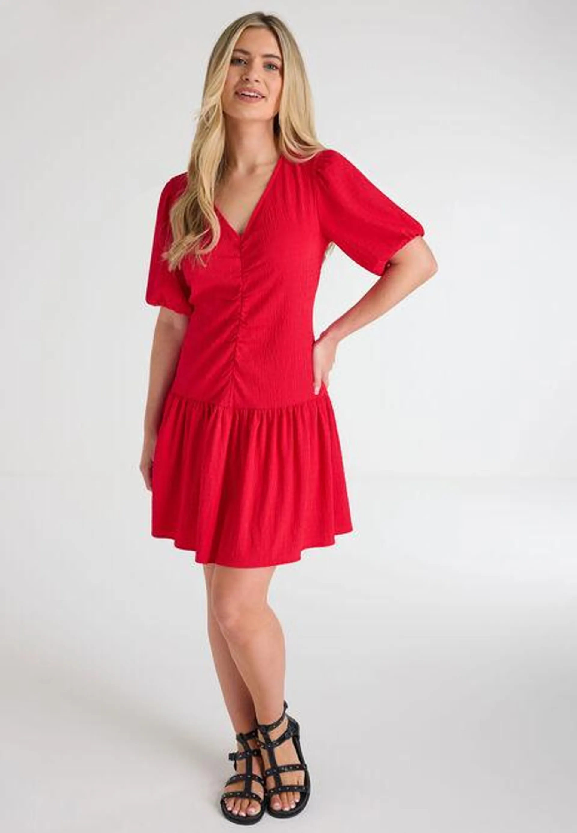 Womens Red Ruched Front Tunic Dress