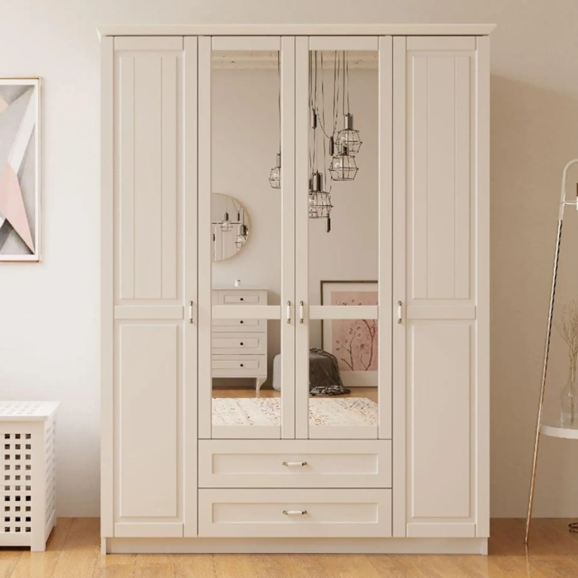 Evu Charlotte 4 Door 2 Drawer White Mirrored Wardrobe