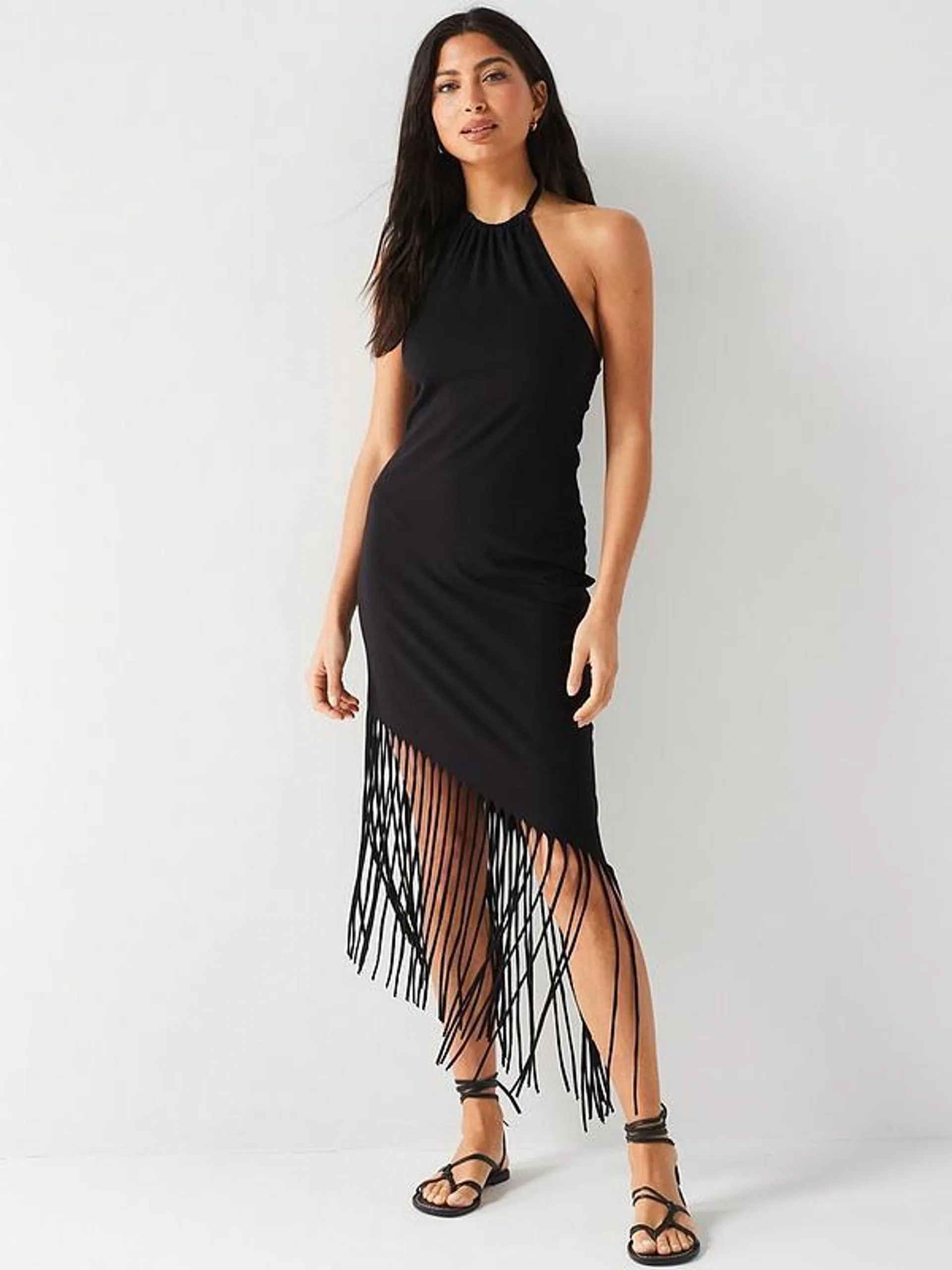 Sleeveless Jersey Halterneck Fringe Midi Dress - Black