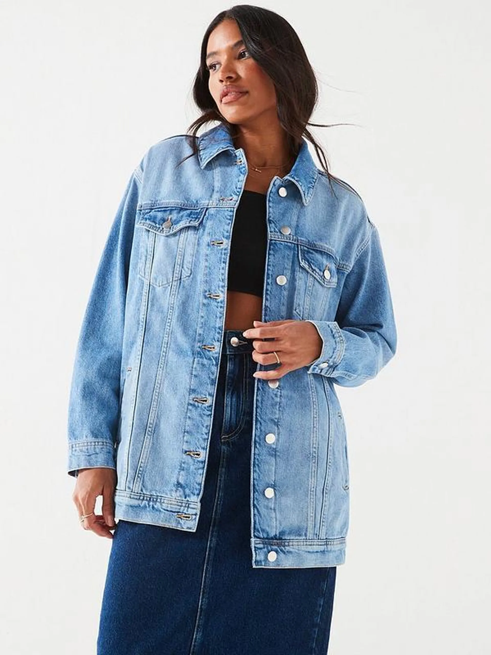 Longline Denim Jacket - Mid Wash