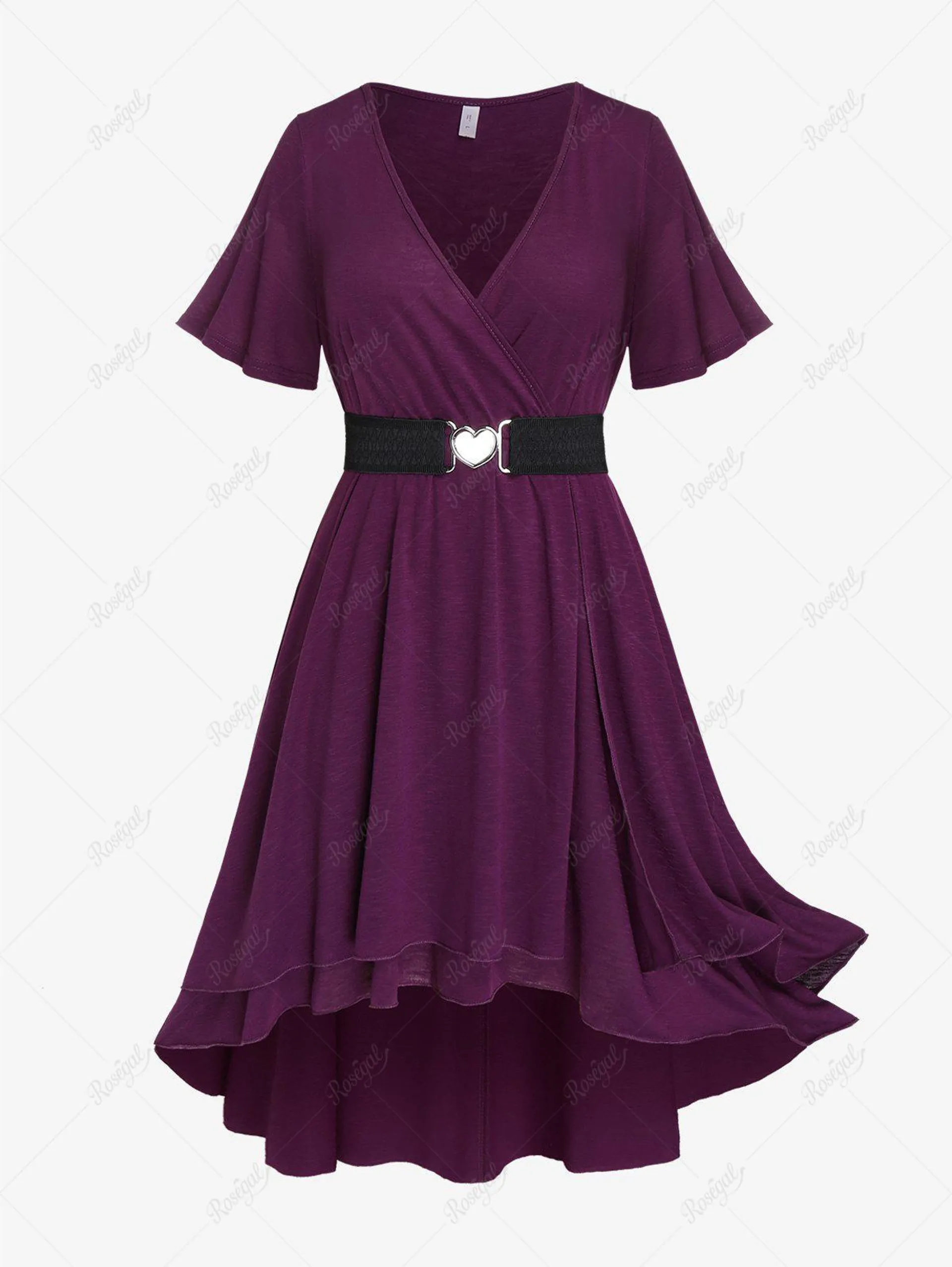 Plus Size Solid Colour Heart Ring Buckle Belted Surplice Dress - 3x | Us 22-24