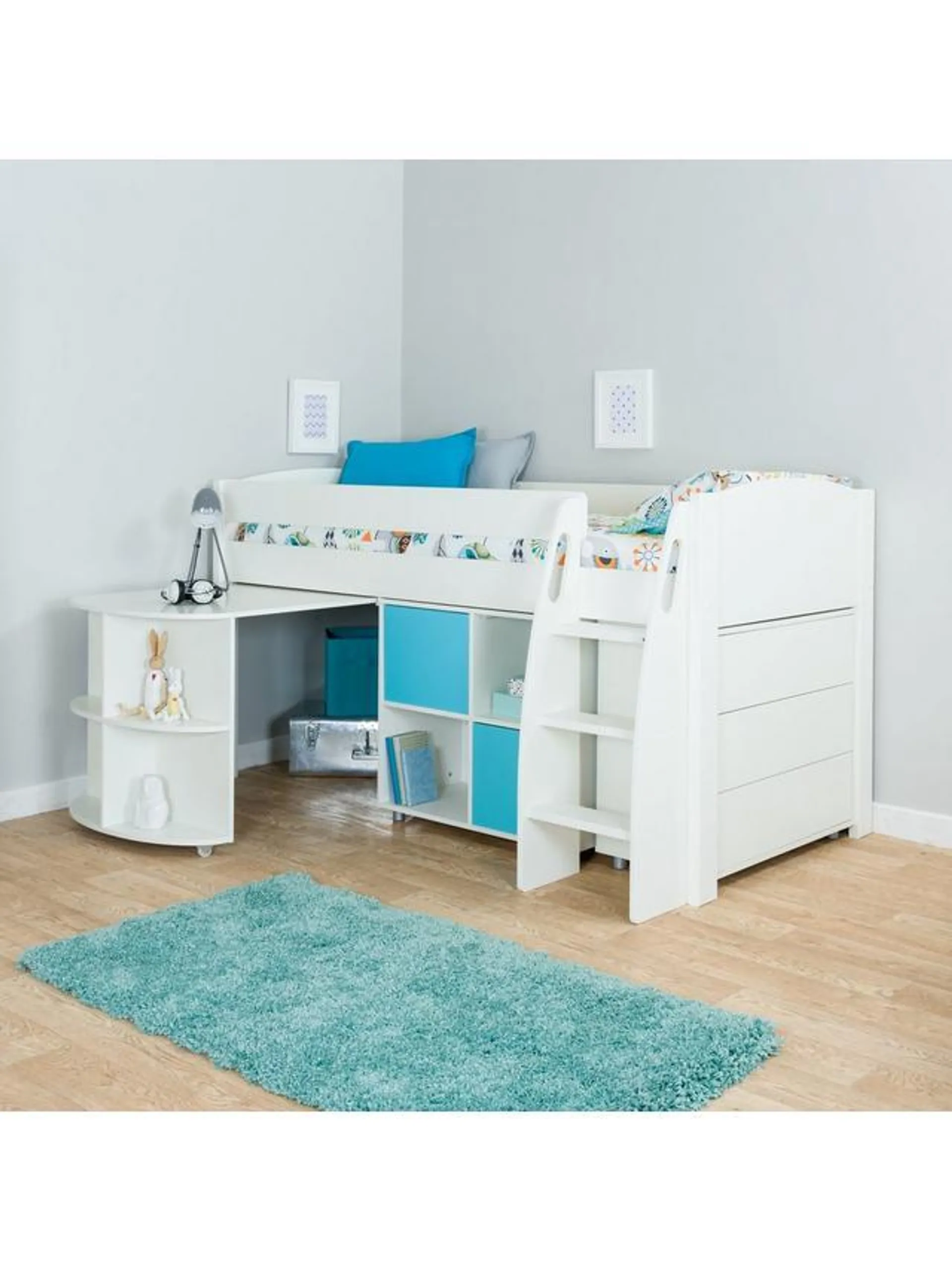 Uno S Plus Mid-Sleeper with Pull-Out Desk, 3 Drawer Chest and 2 Door Cube Unit