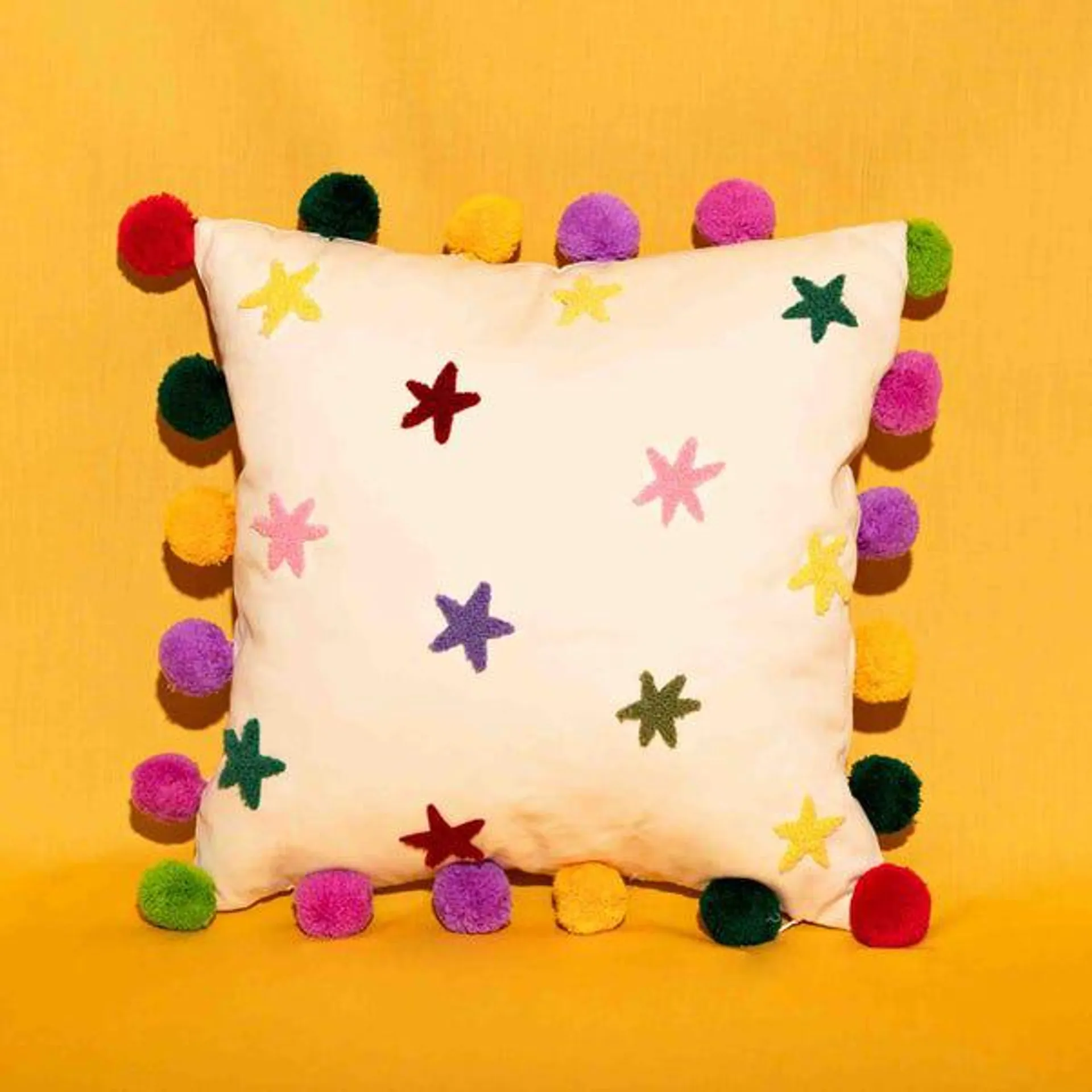 Raspberry Blossom Tufted Stars Cushion with Pom Poms