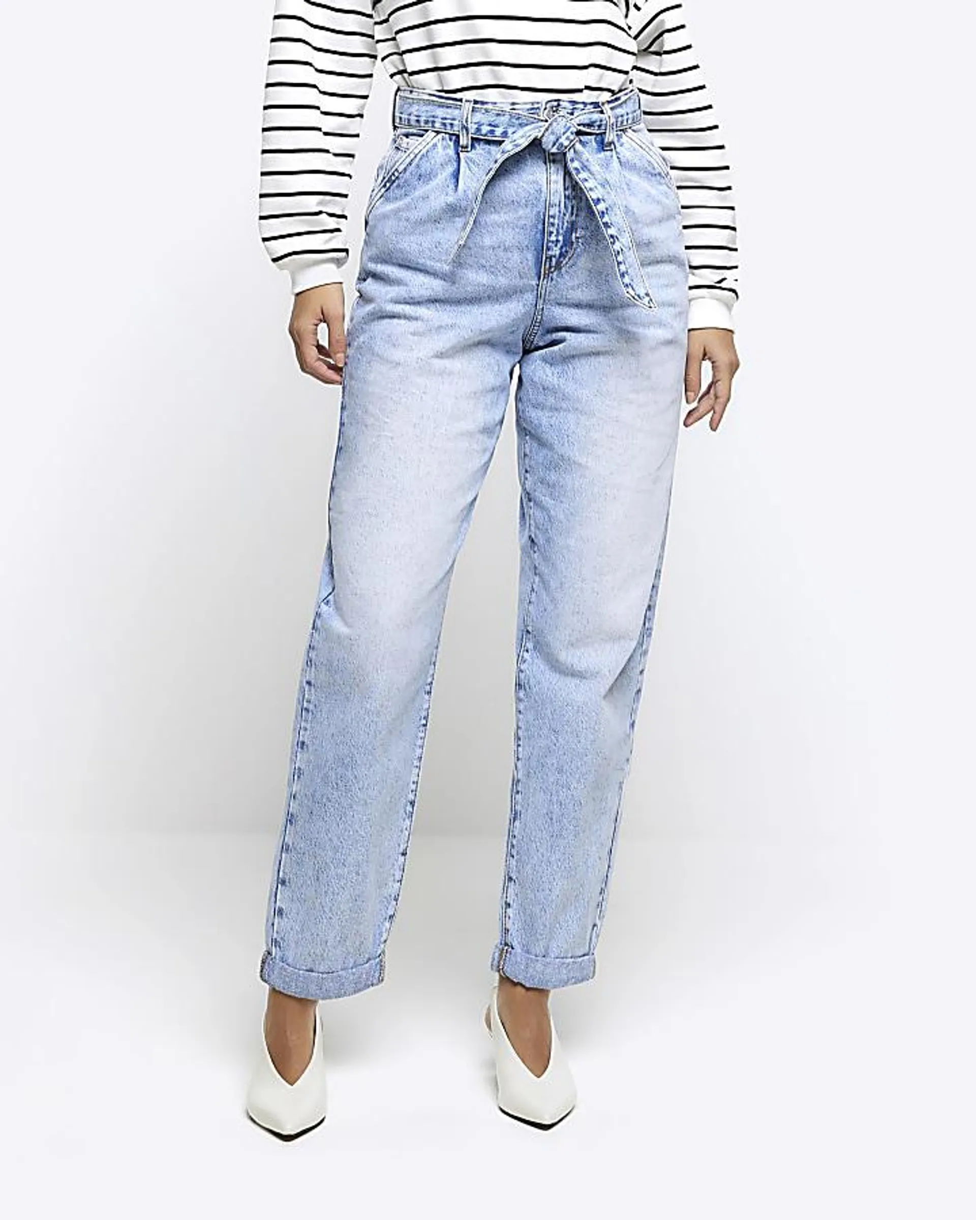 Blue belted relaxed straight jeans