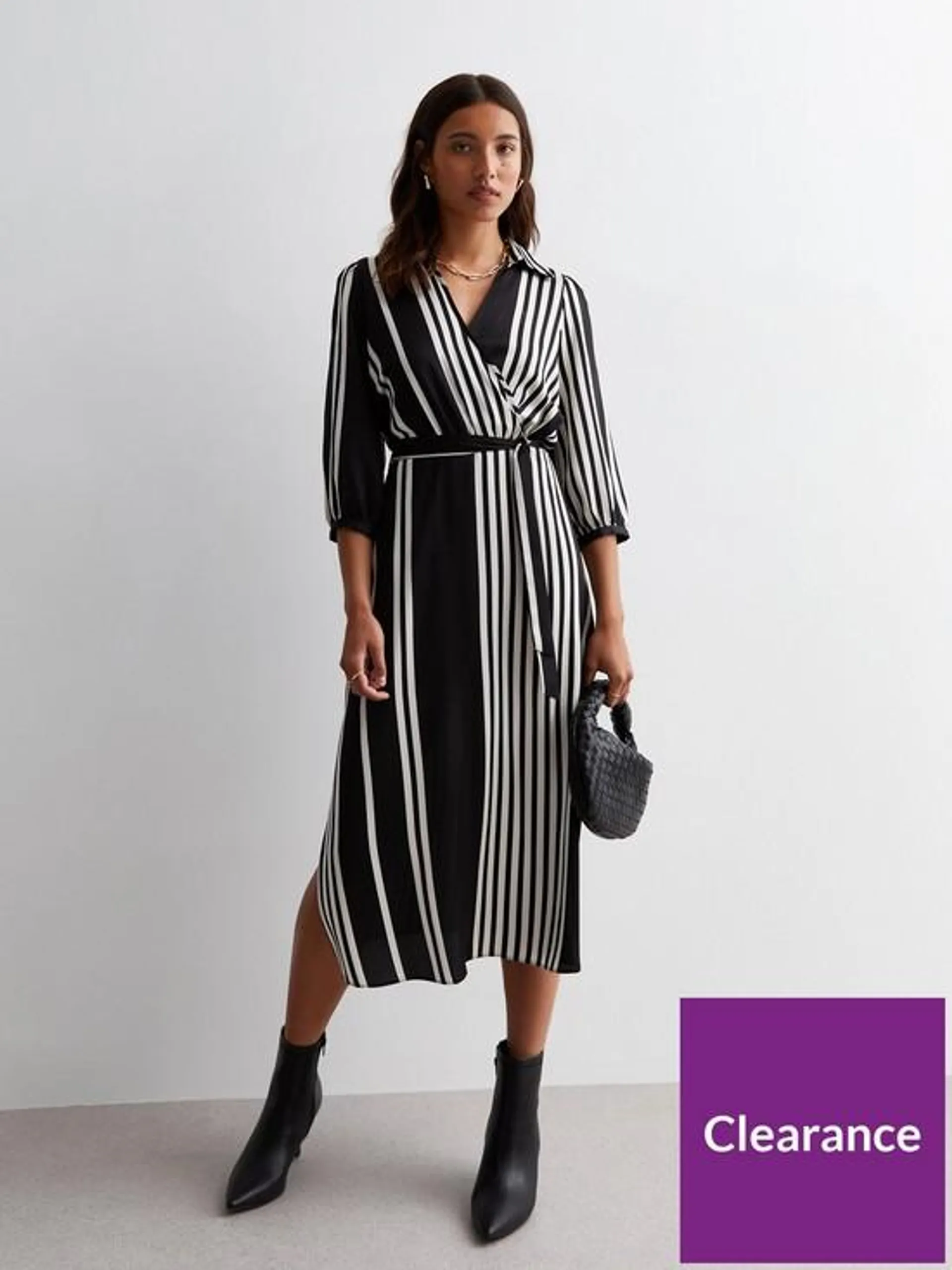 White Stripe Collared Belted Midi Dress