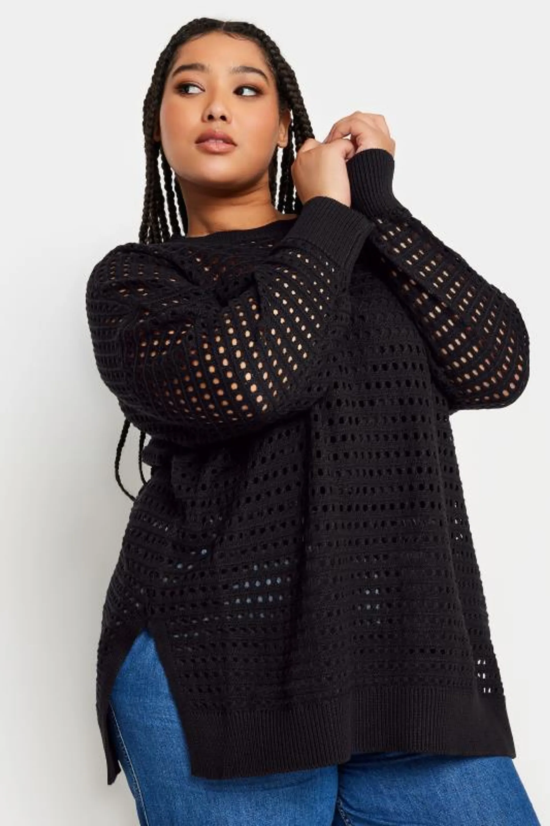 YOURS Curve Black Side Split Crochet Jumper