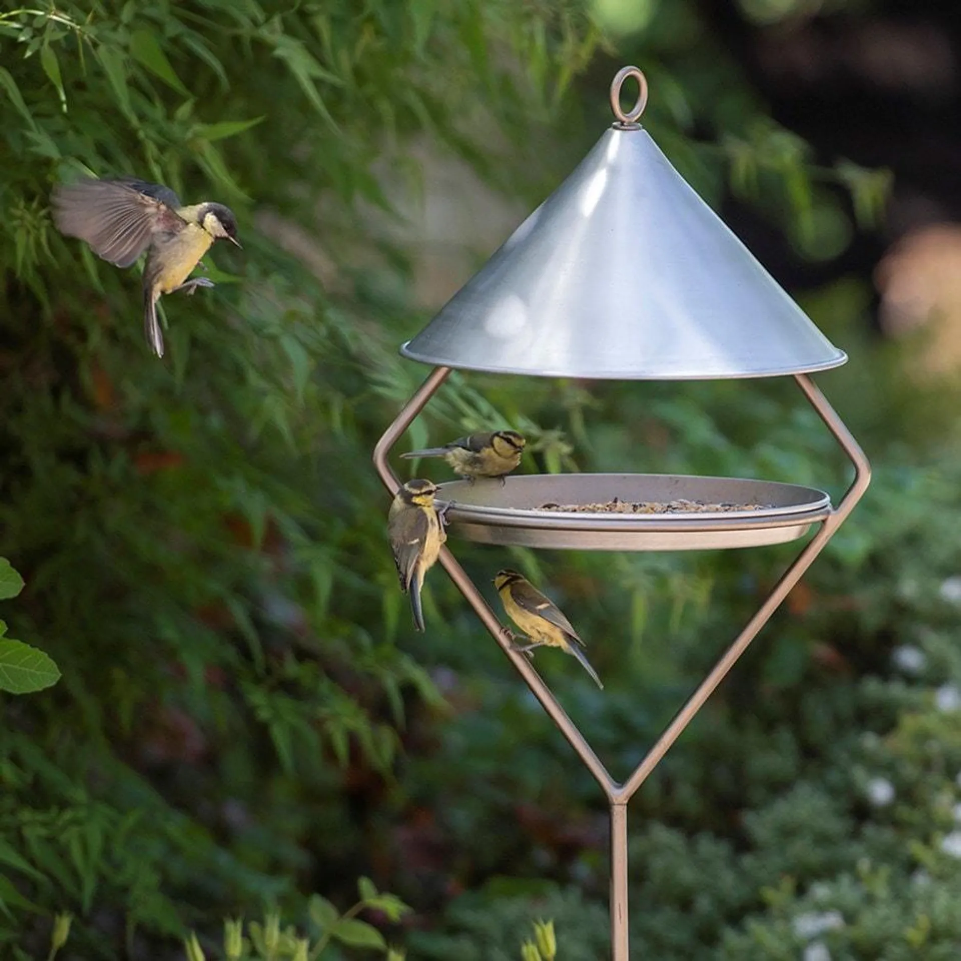 Bird feeding hut on stake - brushed aluminium