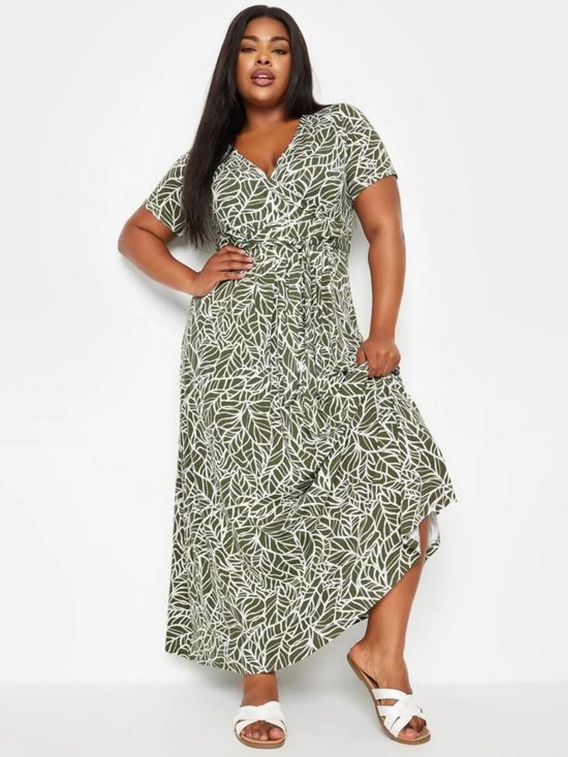 Leaf Print Wrap Dress - Green