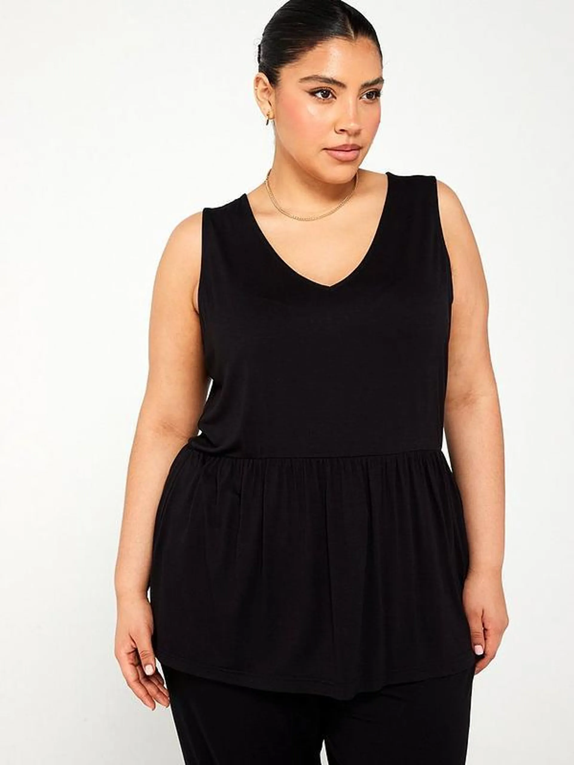 V Neck Peplum Swing Vest - Black