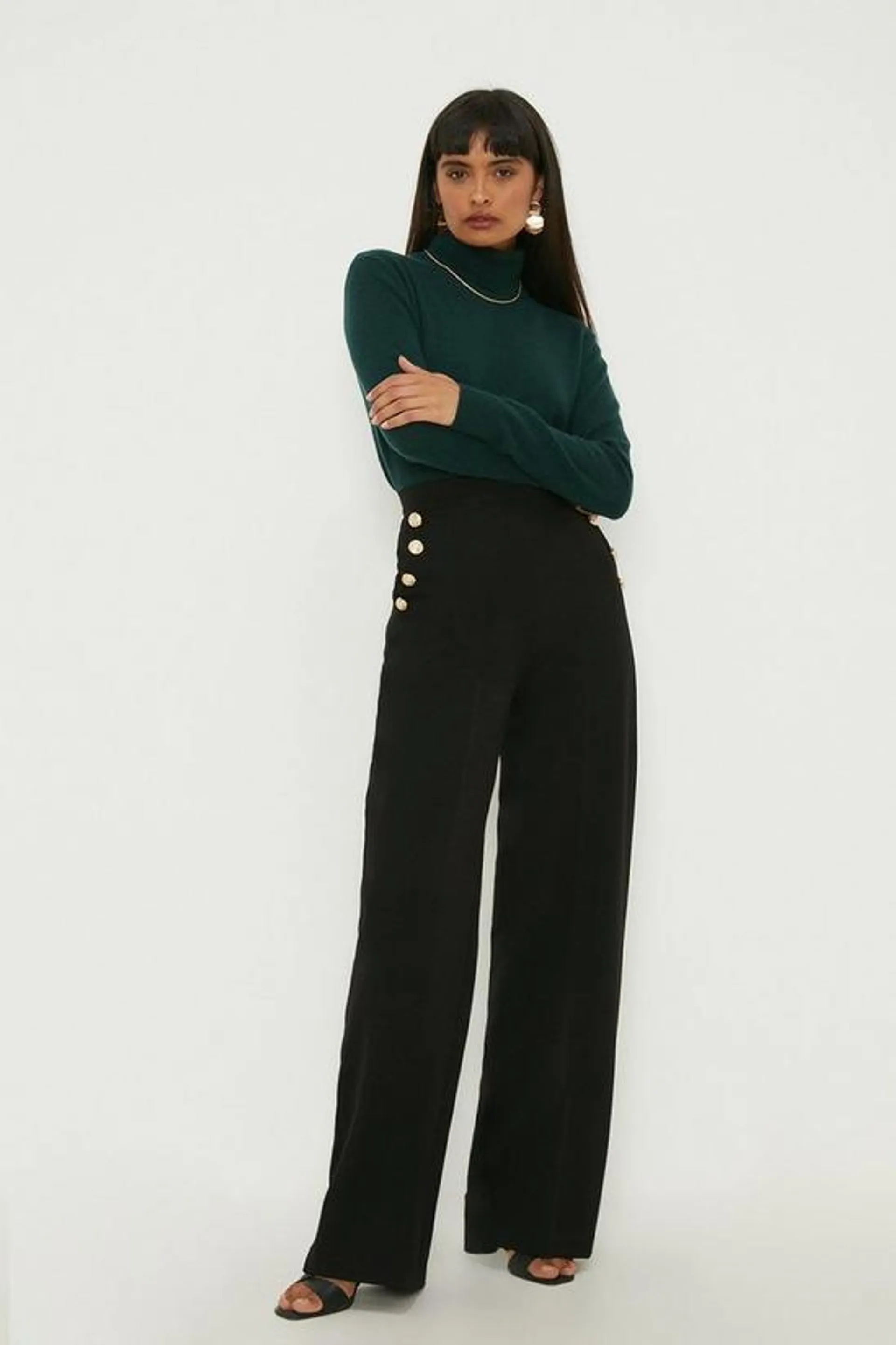 Button Tailored Wide Leg Trouser