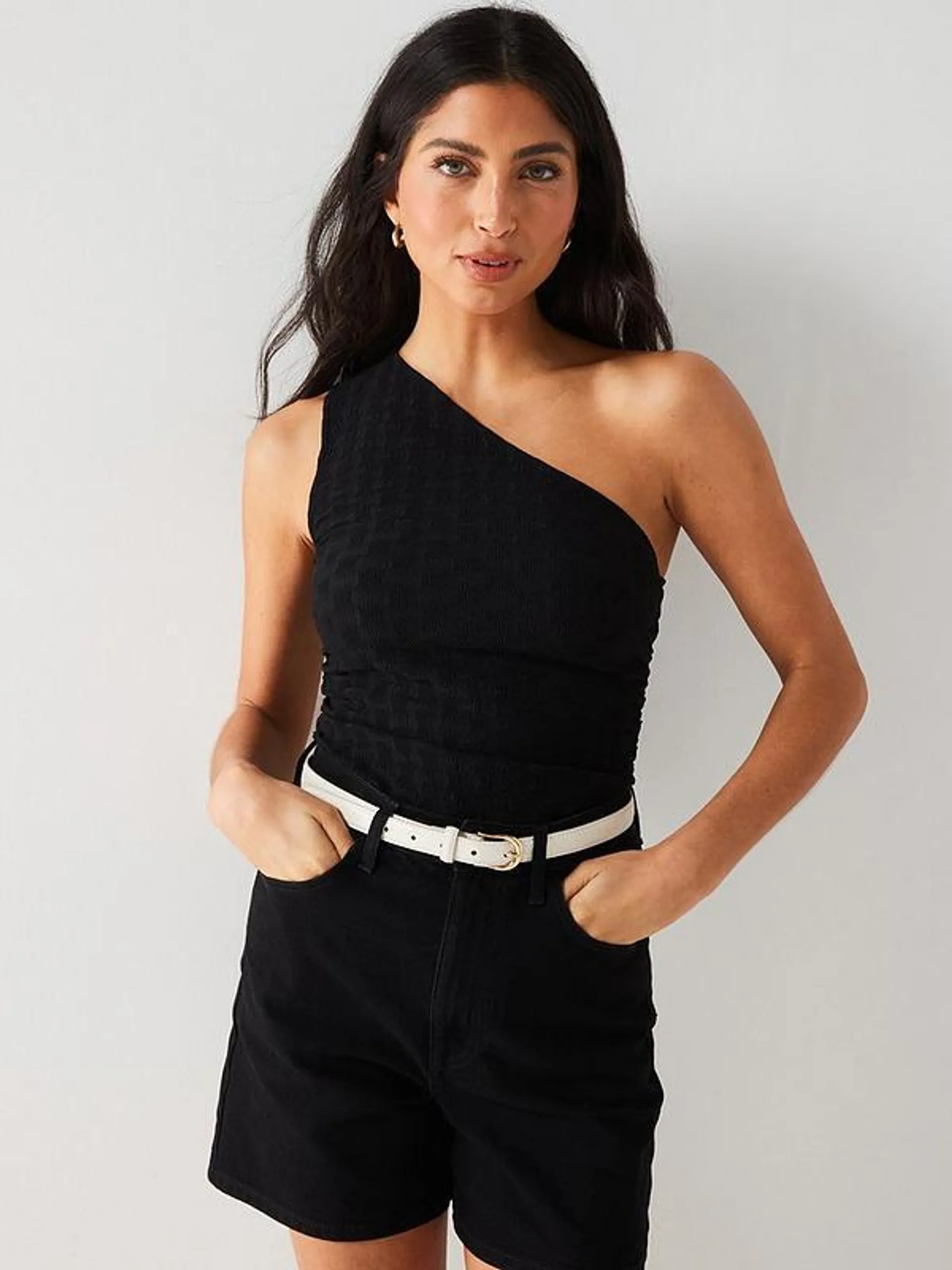 One Shoulder Shirred Side Top - Black