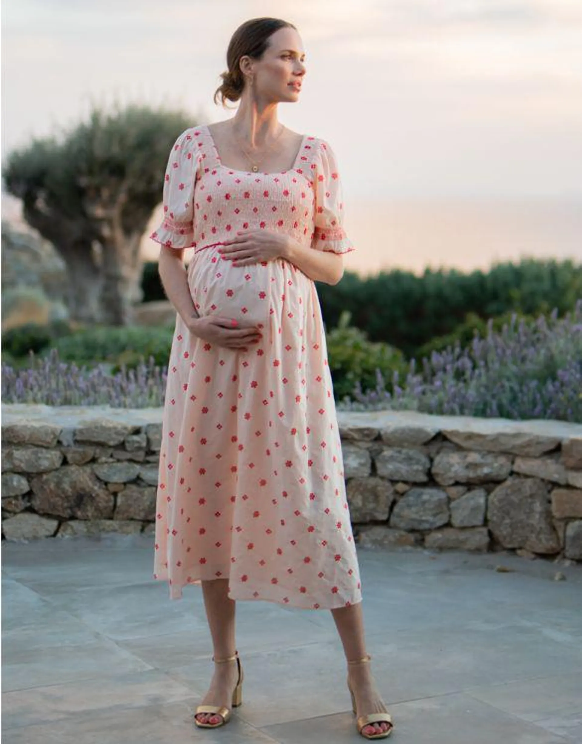 Rose Embroidered Cotton Maternity & Nursing Dress