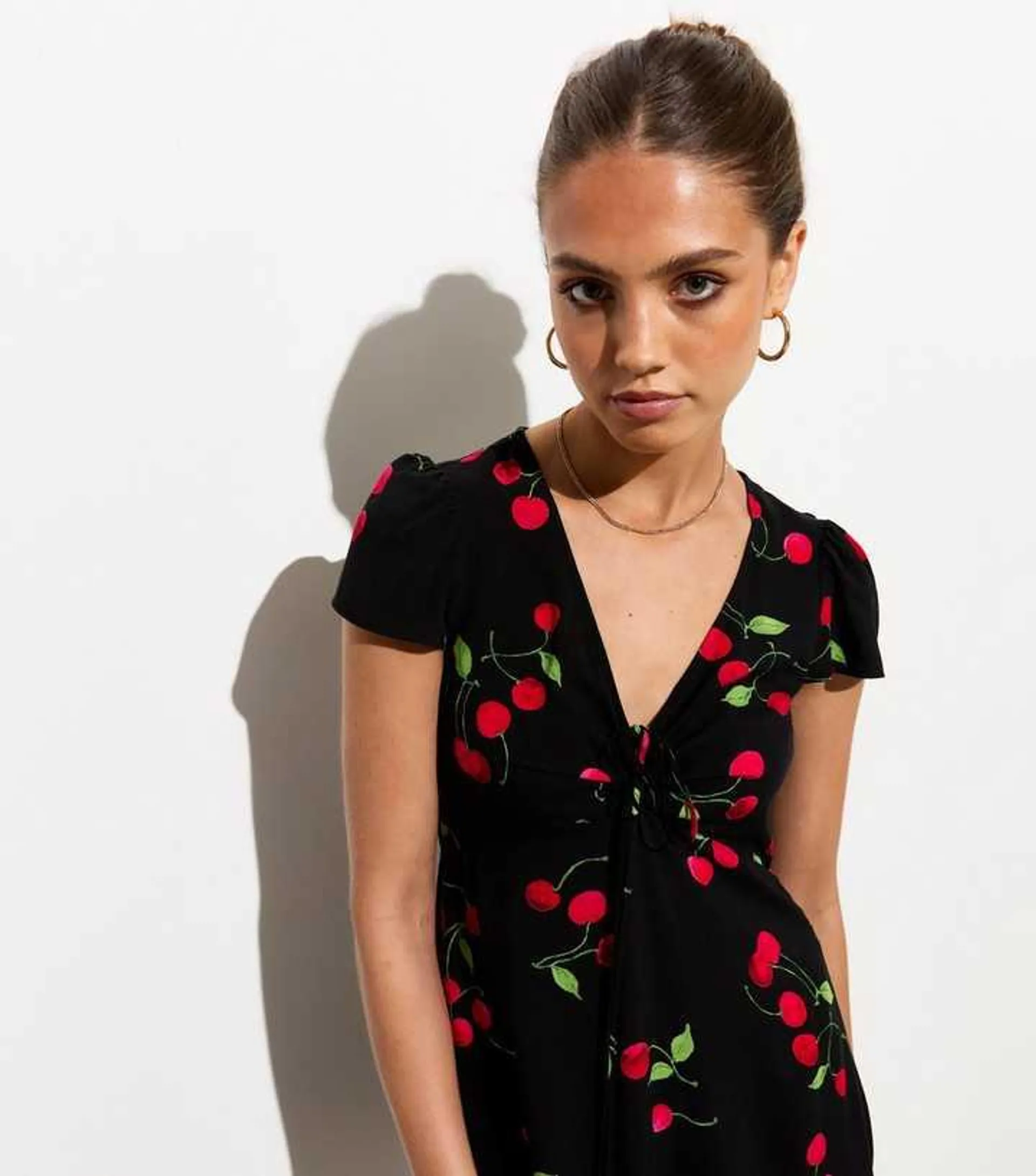 Black Gathered Chest Cherry Print Tea Dress