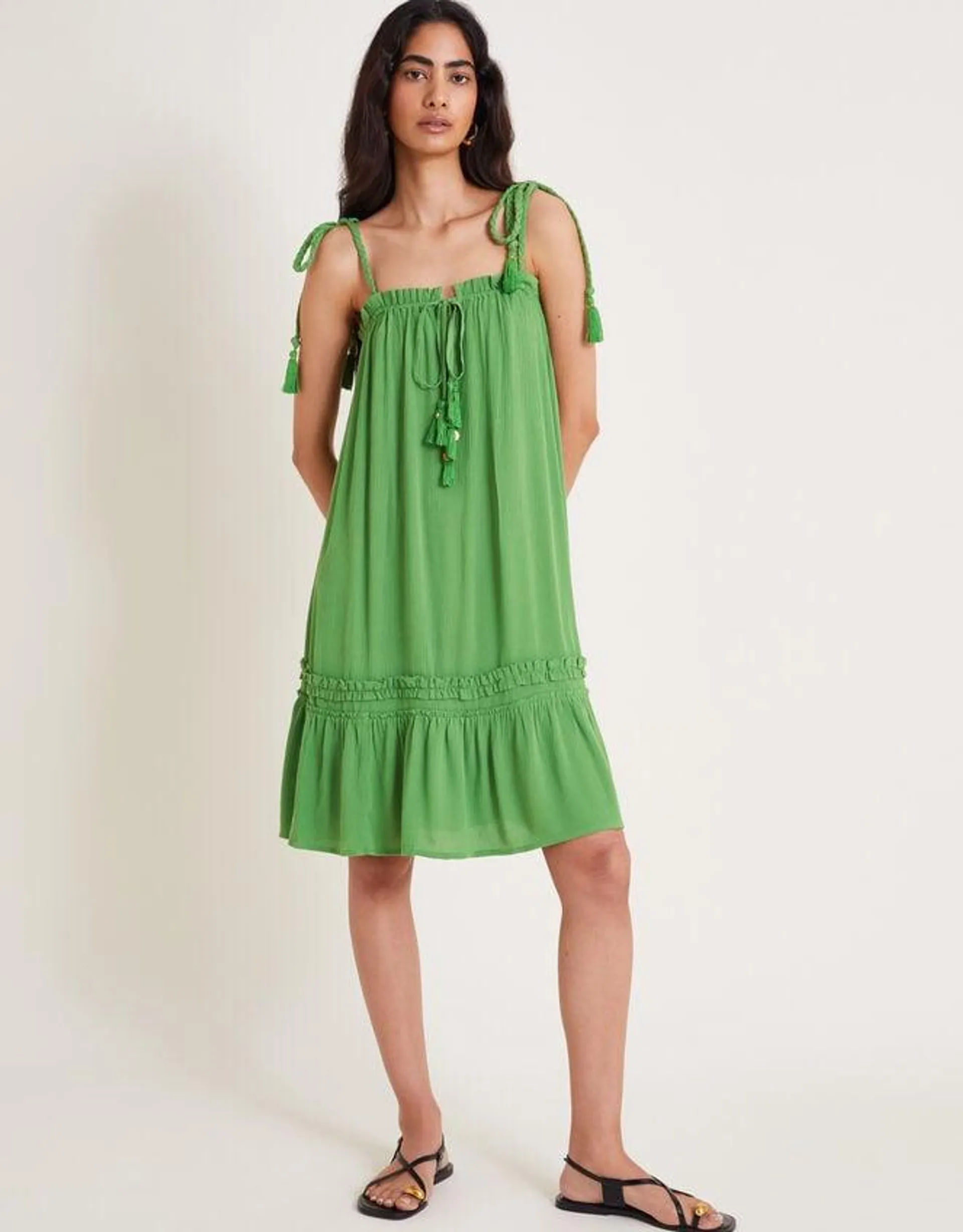 Cassie Tie Strap Frill Mini Dress Green