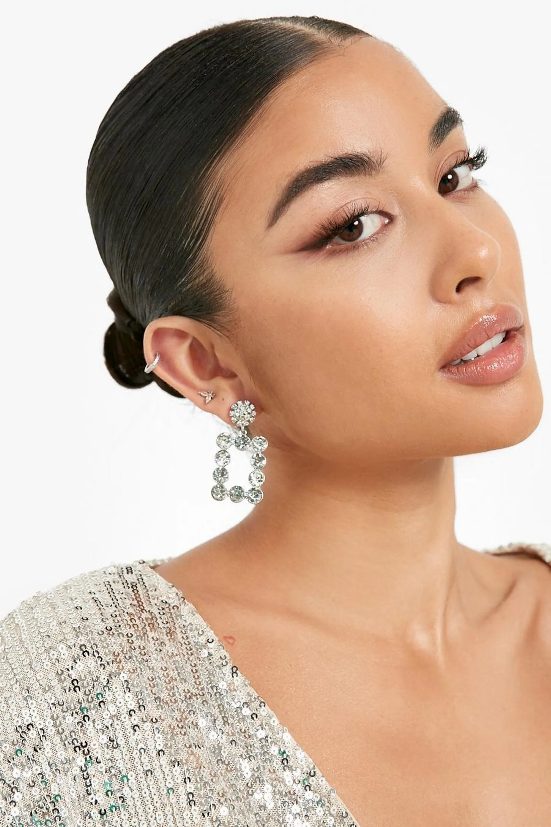 Diamante Embellished Drop Square Earrings