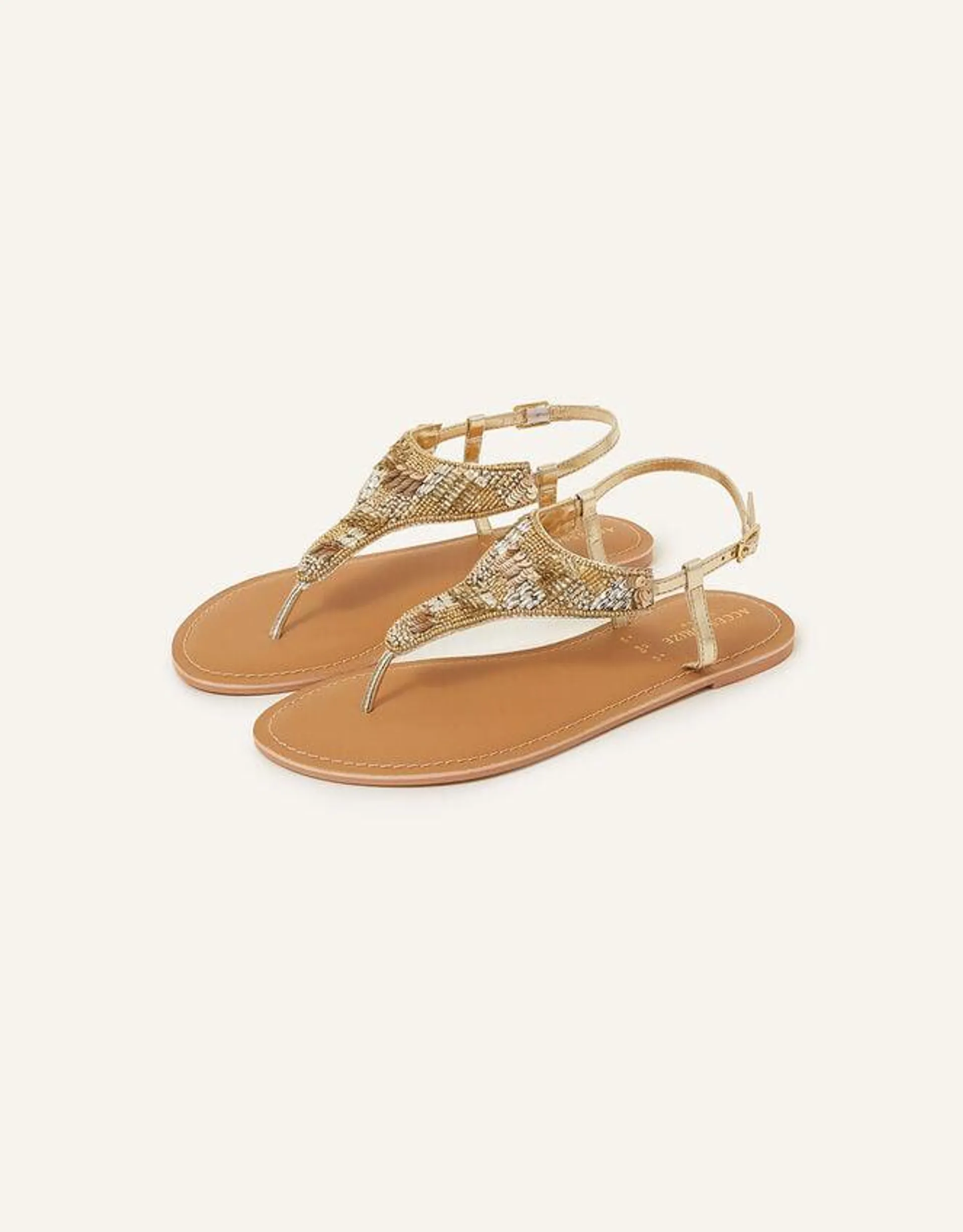 Bead and Sequin Embellished Toe Post Sandals Gold