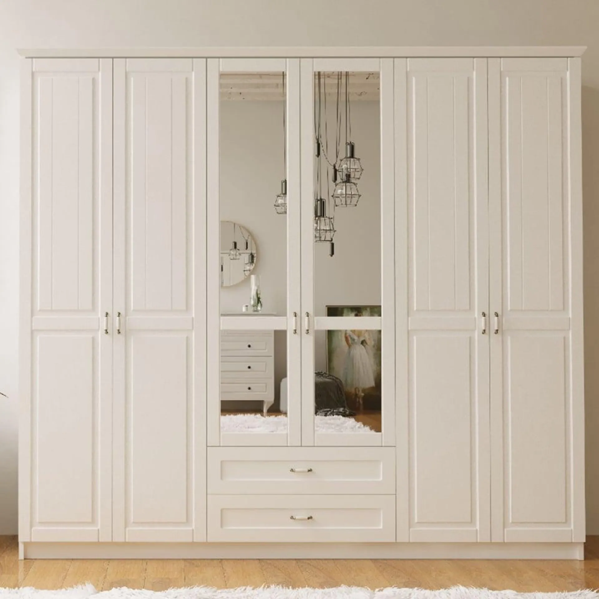 Evu Charlotte 6 Door 2 Drawer White Mirrored Wardrobe